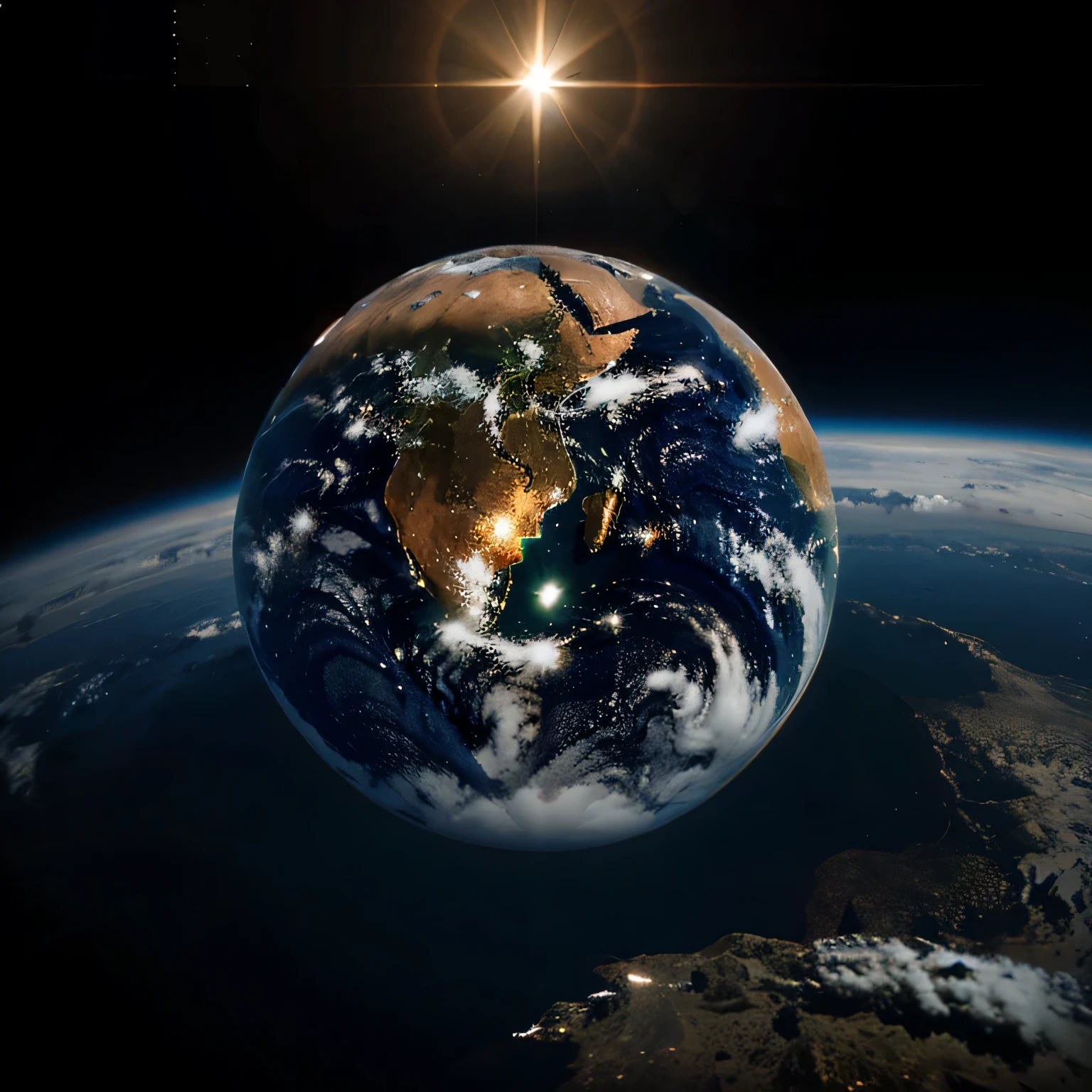 Create a photo of earth depicting all the gases which are invisible can be seen with open eye and same time earth is revolving arou d the sun and sun revolving around its galaxy