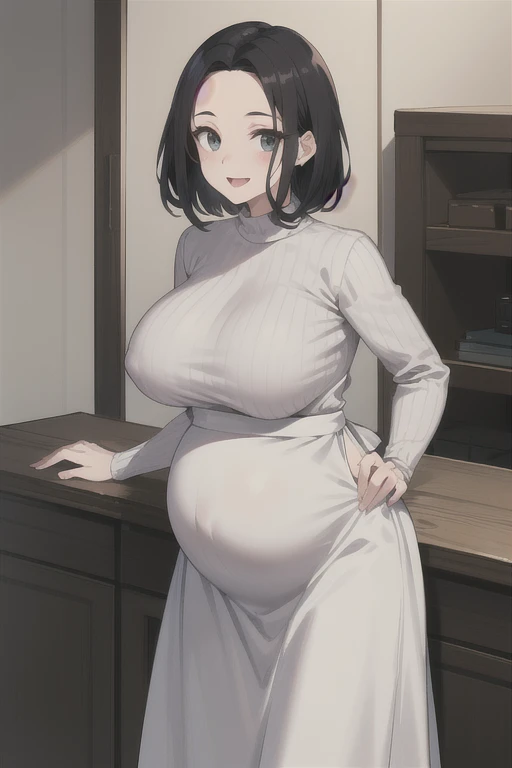 highest quality, (masterpiece:1.2),
alone,open your mouth、 smile,A 40-year-old Japanese woman with black hair、very short hair、Mother、((part your bangs in the middle、long bangs、I can see the forehead, perm hair))、(huge breasts)、long chest
(white tight knit、Vertical sweater、Grey long maxi skirt、apron)
Are standing, looking at the viewer,I can see the whole body、from the front、inside the room、pregnant woman