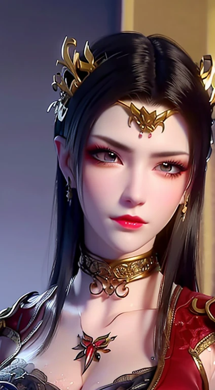 1 The very beautiful Wan'er wears Tang Dynasty clothes, Thin red silk shirt with many yellow patterns, black lace top, Long hair dyed black, beautiful hair jewelry, Pretty face, pretty and cute, perfect face, earrings jewelry, Headwear and hair accessories, antique jewelry, big red eyes, sharp eye makeup, Detailed makeup eyelashes, thin eyebrows, nose high, beautiful red lips, no smile, purse lips, red face, breast enlargement, broad chest, big breasts, shapely breasts, slim waist, Black lace and red mesh stockings, Chinese Hanfu Style, fictional art pattern, Vivid and realistic colors, original photo, Realistic photos, Ultra-high quality 8K hyper-realistic photos, cool photos, (Virtual light effects: 1.8), 10x pixels, magic effect (background): 1.8), super detailed eyes, Beautiful girl body portrait, Girl Alone, ancient hanfu background, look directly at the audience, 宽幅original photo, 8K quality, Super sharp, Detailed and clear pictures are best, detailed light background,