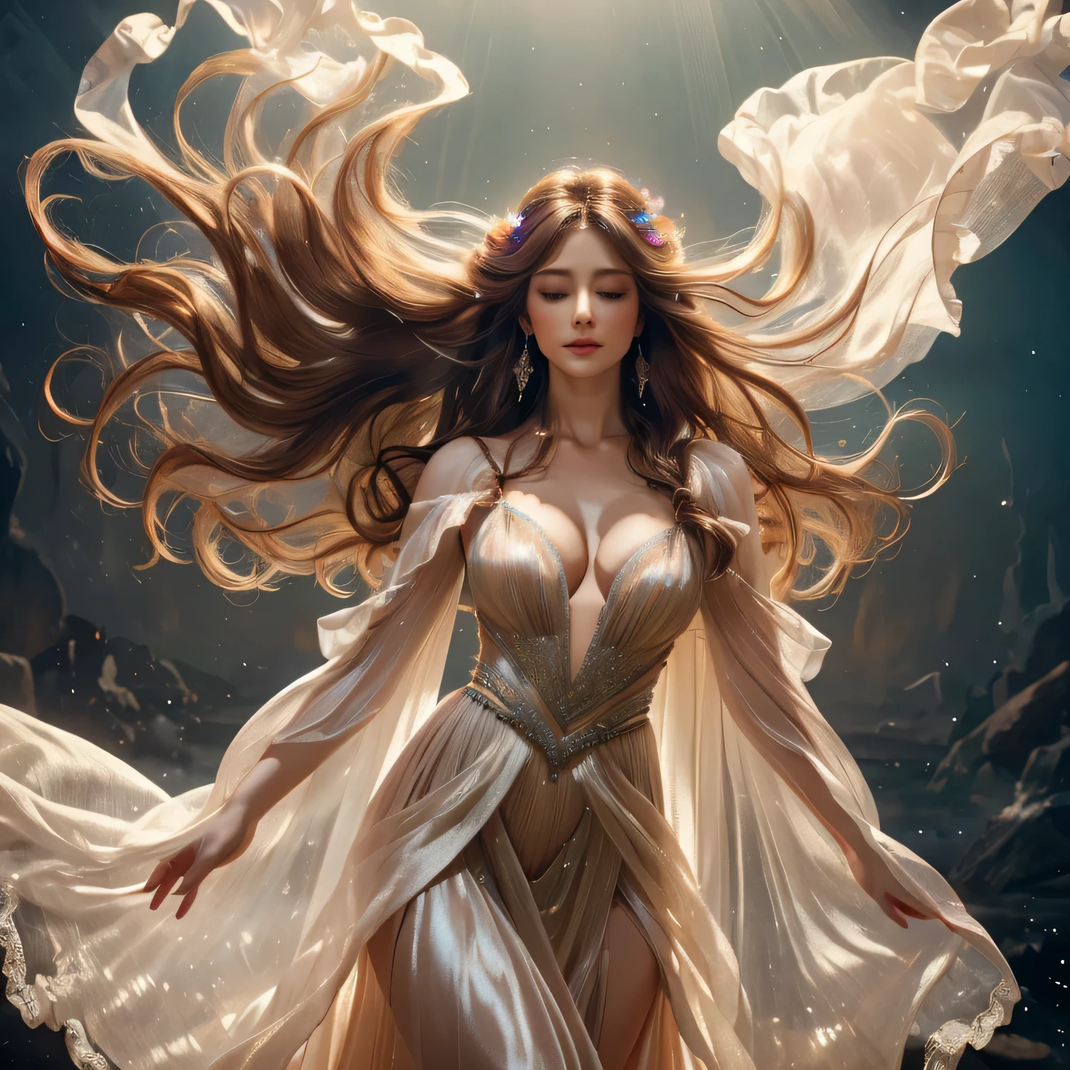 (ultra-realistic,highres:1.2),beautiful woman in sheer gown,gorgeous detailed eyes,long flowing hair,floating ethereal fabrics,elegant pose,vivid colors,soft lighting,luxurious texture,ethereal atmosphere,portrait,romantic,colorful,hint of mystery