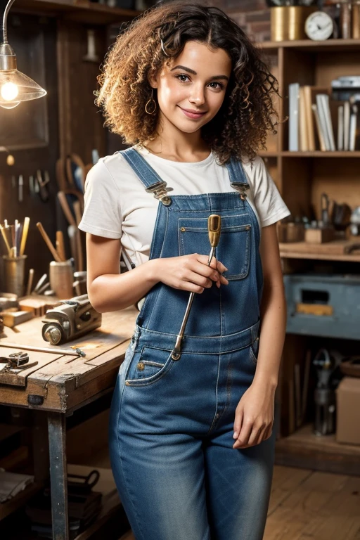 A girl in a workshop,artistic tools,meticulously detailed face,expressive eyes,precise lines on the nose,beautifully defined lips,curly hair,playful smile,creative genius,working on a mechanical invention,vintage machinery,sparkling wrench,glowing soldering iron,toy-like gadgets,innovative designs,animated personality,adorable outfit,blue denim overalls,brown boots,holding a tiny screwdriver,partially disassembled contraption,tools scattered around,organized chaos,comfortable workbench,well-lit space,soft pastel colors,creative energy flowing,happy and focused expression,inspired surroundings,cute and whimsical atmosphere,masterpiece:1.2,high-resolution 