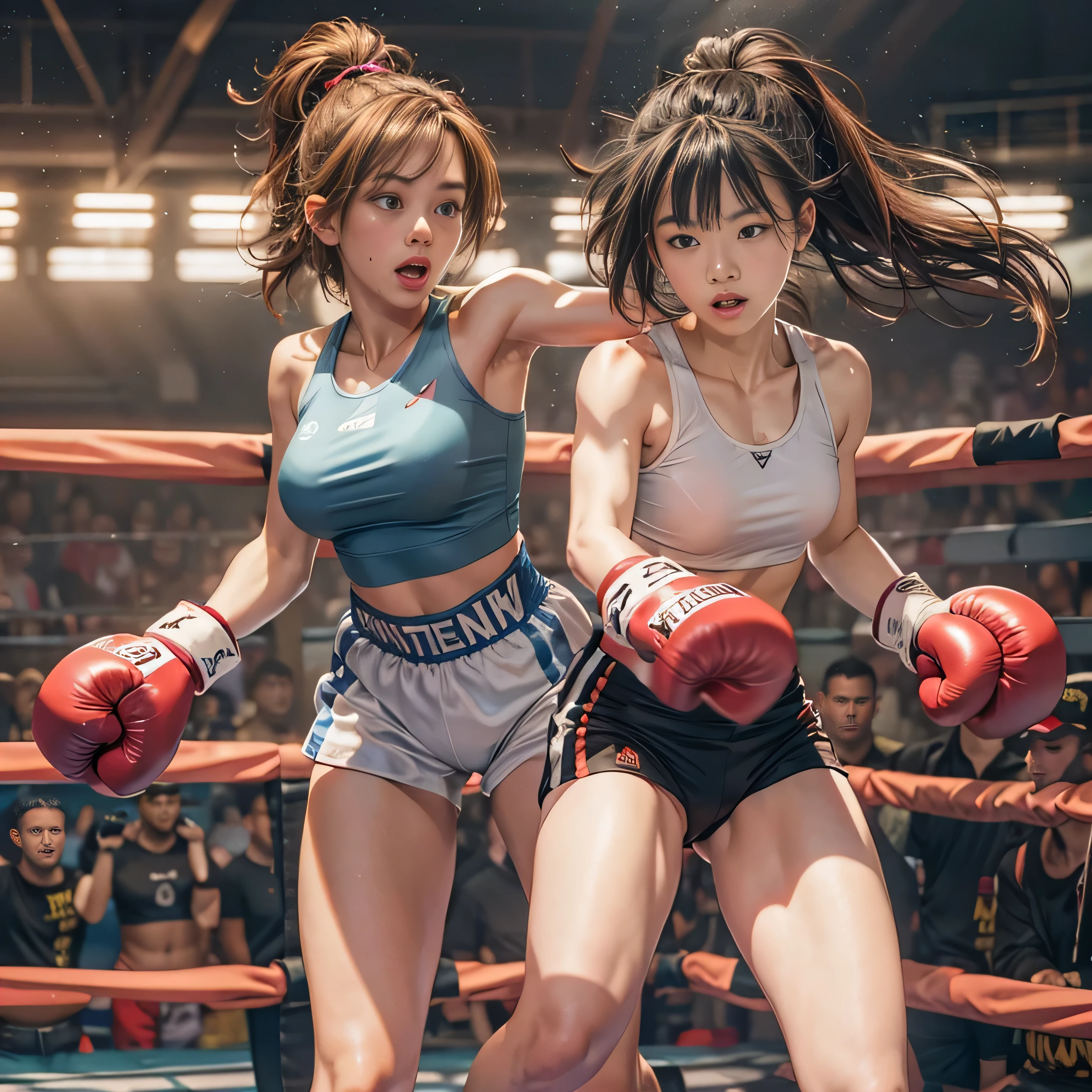 RAW image quality, 8K resolution, Ultra-detailed CG quality, (High resolution, highest quality, table top:1.4), 2 girls, (16 year old female :1.3), sparkling skin, narrow waist, Large chest teeth above the skin, (A woman wearing a sports bra and boxing shorts:1.3), boxing gloves, boxing match, (A powerful punch cuts the face)、fist fight、short shorts, sweat a lot, (in the boxing ring:1.2), (Her panties are visible under her shorts:1.2), tight clothes, pubic hair, angry look, blush, Large audience background, biologically correct,