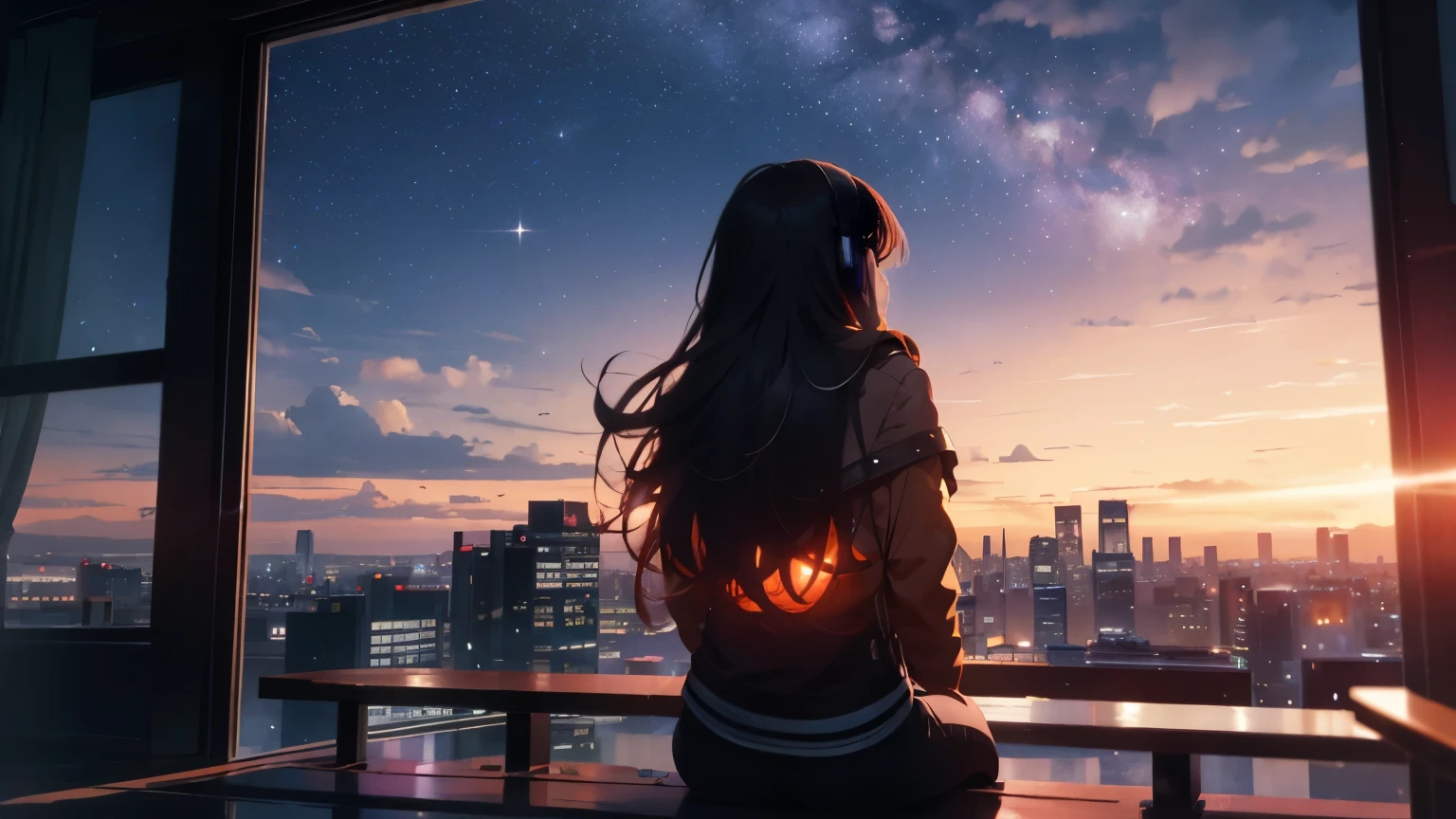 Octane number: 95,
(Max resolution: 1.2), (Ultra HDTV: 1.2), cinematographic light, 8K resolution, Detailed facial features, anxious expression,
Red sunset casts an amber glow, stars twinkle in the clear night sky, scenery painted in hues of orange and blue,
One girl in silhouette, wearing headphones, sits alone on a wooden stoop, lost in thought,
Long hair cascades down her back in the gentle breeze, a city skyline looms in the distance,
She gazes up at the milky way, contemplating the vastness of the universe,
The