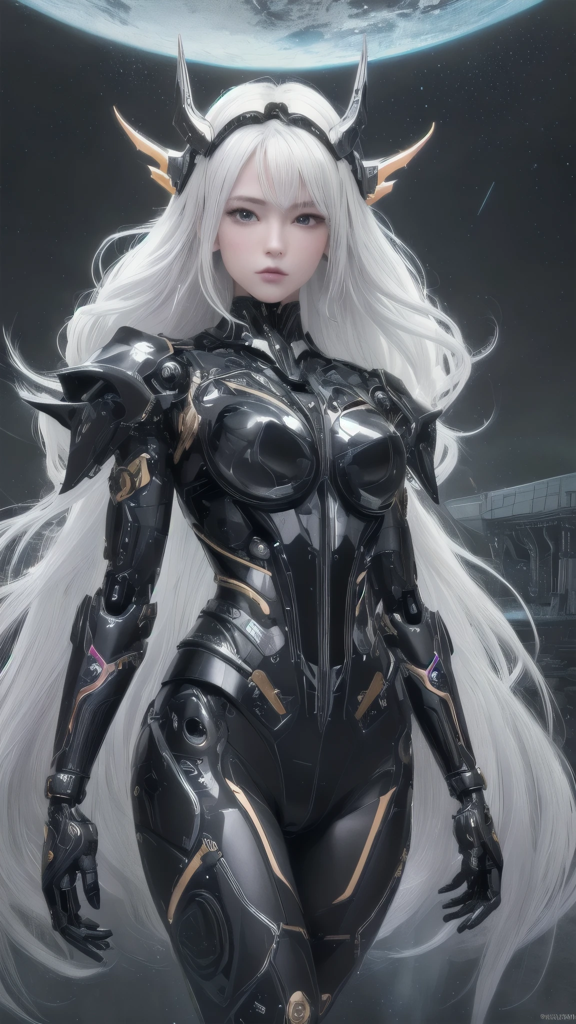 masterpiece,best quality,ultra-detailed,very detailed illustrations,extremely detailed,intricate details,highres,super complex details,extremely detailed 8k cg wallpaper,cowboy shot, caustics,reflection,ray tracing,demontheme,nebula,dark aura,cyber effect, (1girl:1.4),solo,alone,mecha musume,mechanical parts, robot joints,single mechanical arm, headgear, mechanical halo,star halo,intricate mechanical bodysuit, mecha corset, full armor, very long hair,white hair, hair between eyes, multicolored hair, colored inner hair, red eyes,glowing eye,eye trail, random expressions,random action, ancient japanese architecture,pond, starry sky,skyline,