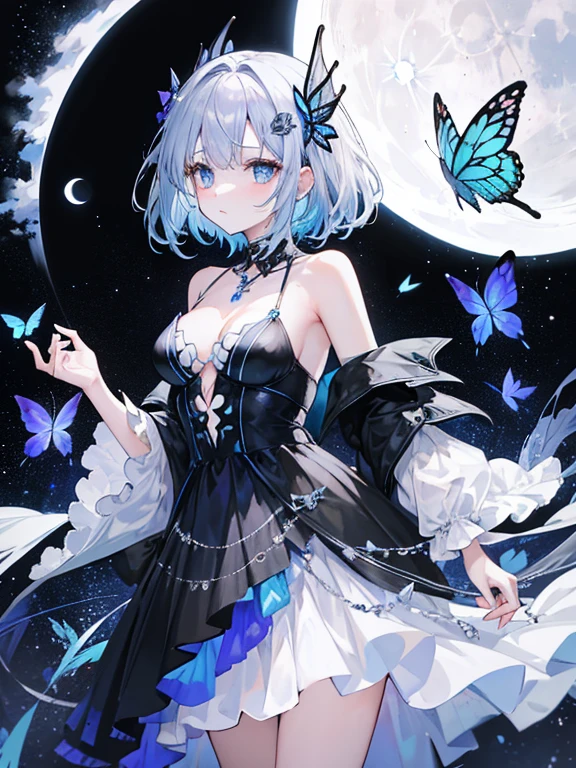 （（（Silver with blue hair）））（（（medium hair）））,Upper body,Black shoulder-baring dress,Moon necklace skirt with butterfly and moon pattern,（（（moon hair ornament）））,Black pumps with butterflies on the back,Butterflies are flying around