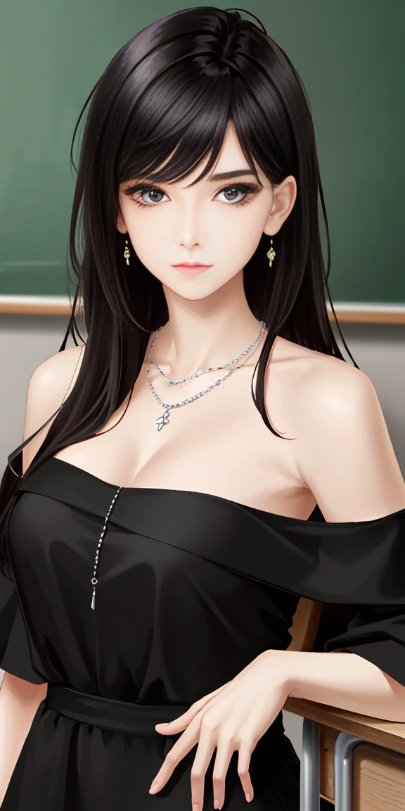 ((beautiful face)), very delicate face,creamy and smooth skin,masterpiece, 1 girl, highest quality, ultra high resolution, (realistic:1.4),full_body,,Shine gently,great scene lighting,(In the classroom), ((black off shoulder dress)),look at the audience,necklace