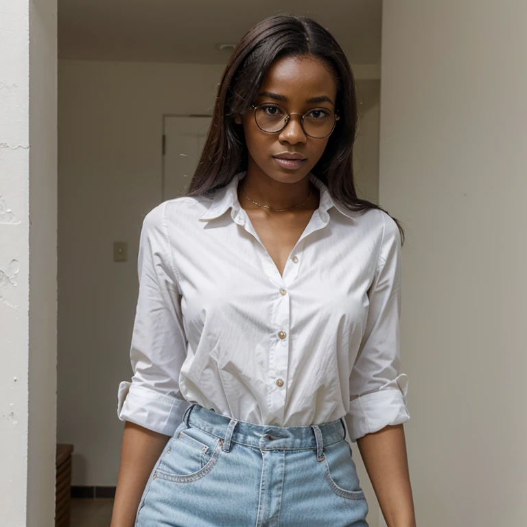 femme camerounaise de 25 ans, chemise blanche et veste foncée, lunettes, apparence professionnelle
