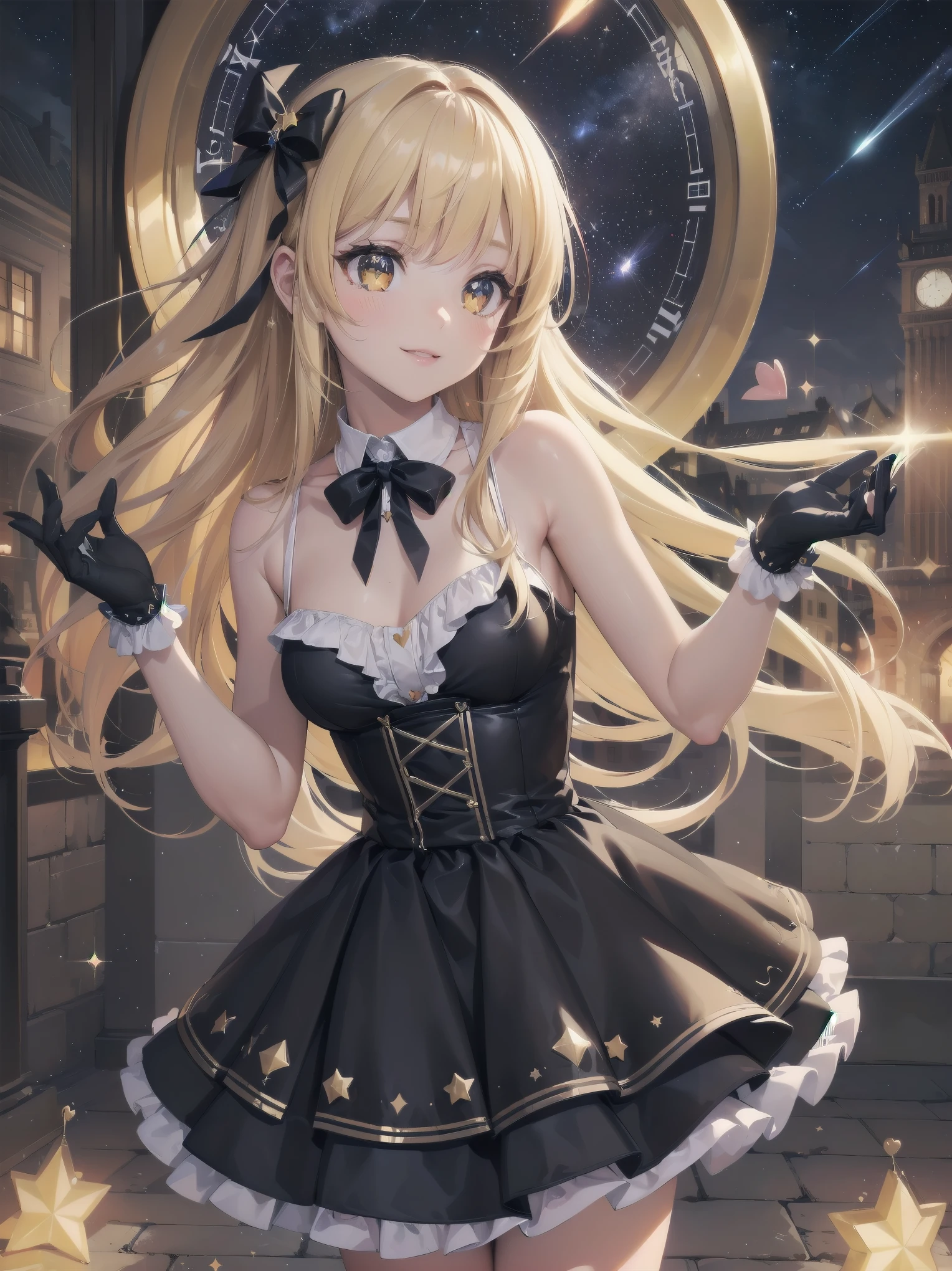 absurdres extremely detailed CG,high resolution,(best quality:1.3),(best masterpiece:1.3),super fine illustration,vibrant colors,official art,8k wallpaper,(looking away:1.3),dynamic depiction,dynamic angle,dynamic pose,depth of field,cinematic lighting,BREAK,(one beautiful girl:1.3),solo,blonde hair,very long hair,shiny hair,Silky hair,yellow eyes,deep detailed eyes,cute eyes,sparkling eyes,(seductive smile:1.3),natural make,BRAKE,((wonderland)),Gothic decoration,((sticker style)),(heart item,star item,ribbon:1.5),(symbolic:1.2), conspicuous,(star glitter and hart glitter:1.5),(kawaii town at night:1.5),(big clock tower:1.2),(Meteor shower,star and hart effect:1.3),