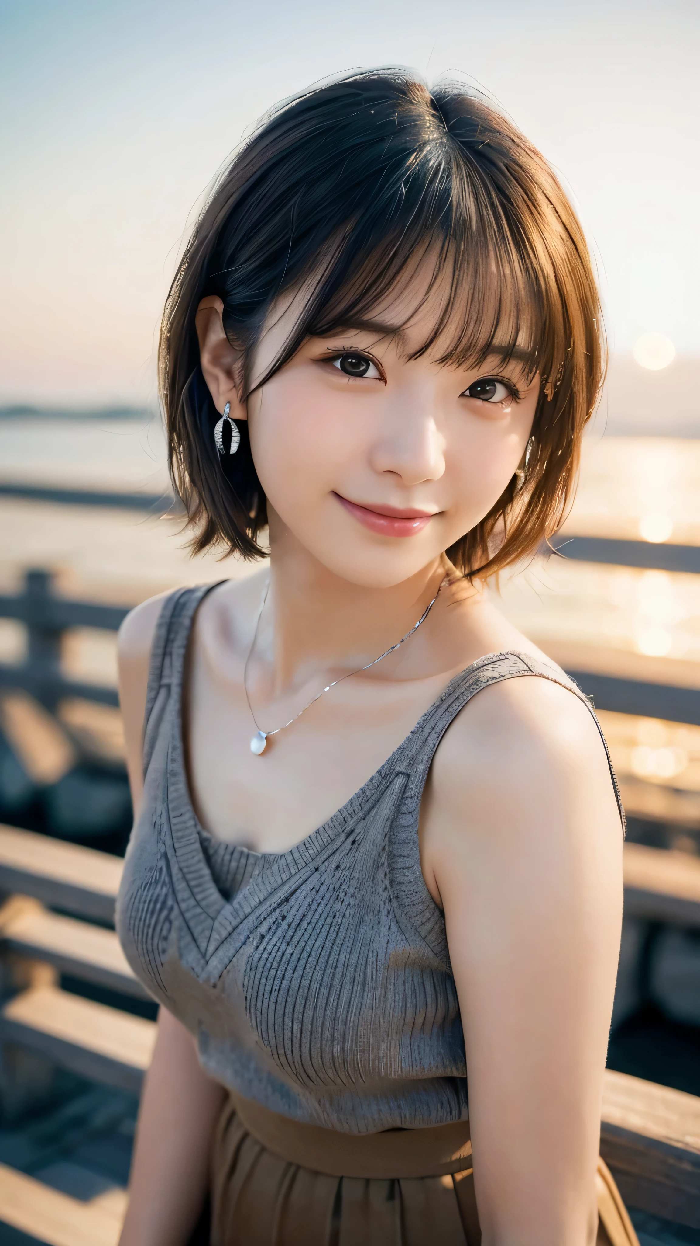 (highest quality,masterpiece:1.3,ultra high resolution),(Super detailed,caustics,8K),(realistic:1.4,RAW shooting),18-year-old,cute,Japanese,Short brown hair with outward curls,(Beige summer knitwear),(smile),look up at the camera、(Short brown skirt),blue sky,sun,Backlight,(coastline),(sunset、sunset:1.1),,(Photographed from the waist up),(face focus),(close up face),(High Situation:1.3),(high angle:1.3),Natural light 、Embarrassed smile、parted bangs、ample breasts、With small earrings、silver necklace、