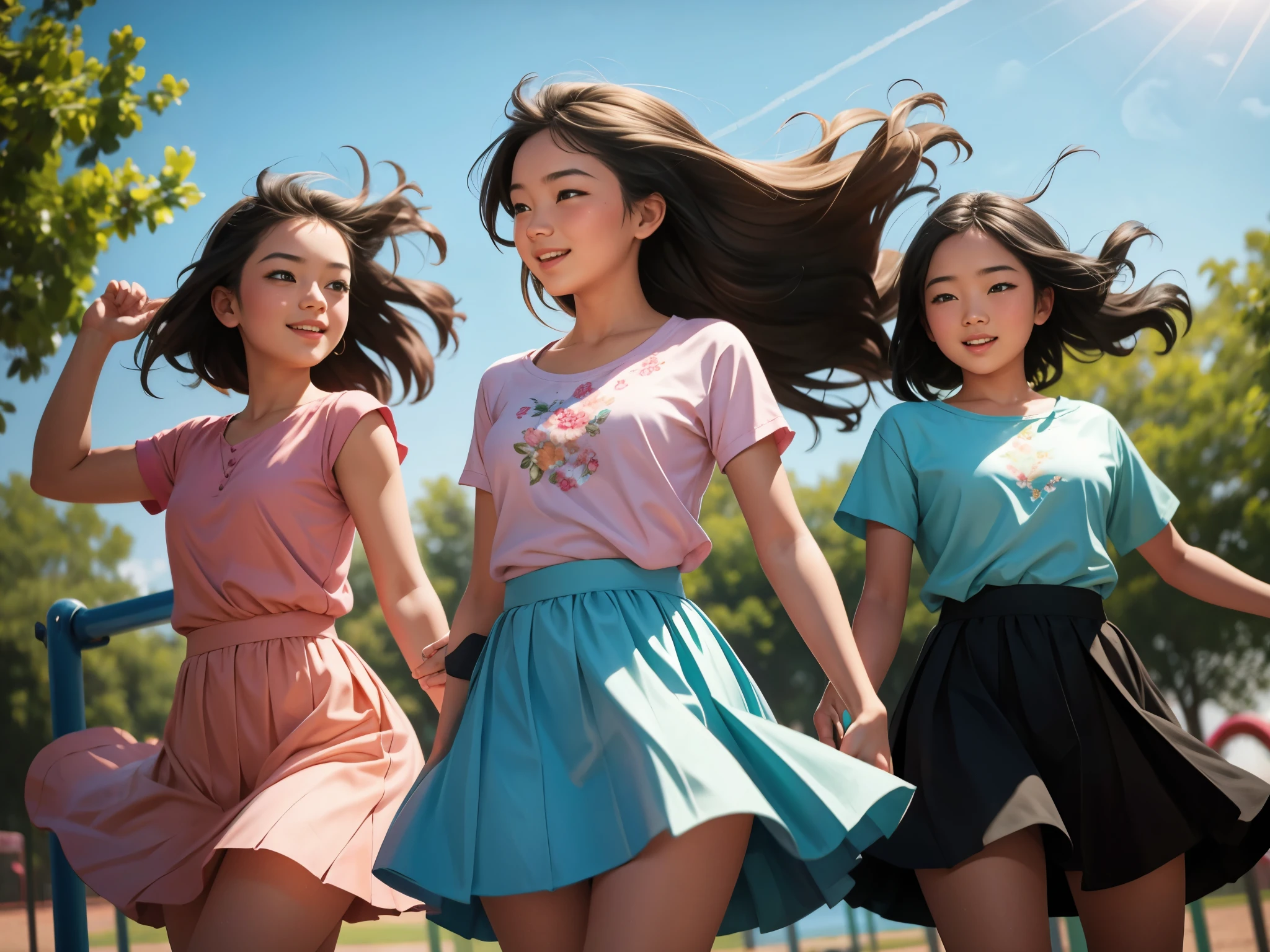 "(best quality,highres),2girls,playing,skirt lifting,fun,beautiful detailed faces,joyful expressions,wind-blown hair,flowing skirts,happy atmosphere,illustration style,vibrant colors,warm sunlight,playground scene"