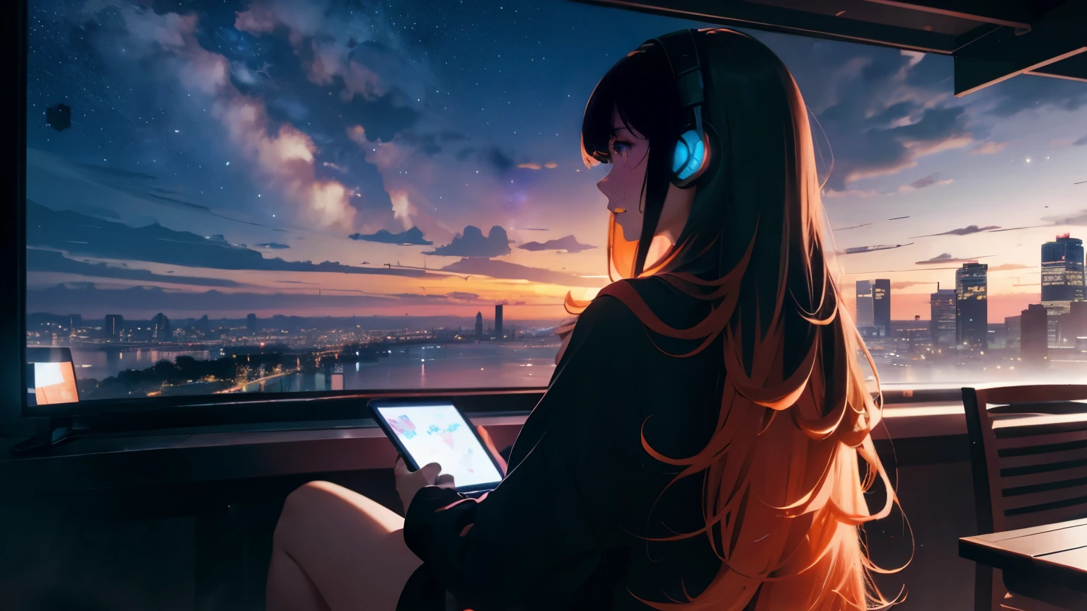 Octane number: 95,
(Max resolution: 1.2), (Ultra HDTV: 1.2), cinematographic light, 8K resolution, Detailed facial features, anxious expression,
Red sunset casts an amber glow, stars twinkle in the clear night sky, scenery painted in hues of orange and blue,
One girl in silhouette, wearing headphones, sits alone on a wooden stoop, lost in thought,
Long hair cascades down her back in the gentle breeze, a city skyline looms in the distance,
She gazes up at the milky way, contemplating the vastness of the universe,
The