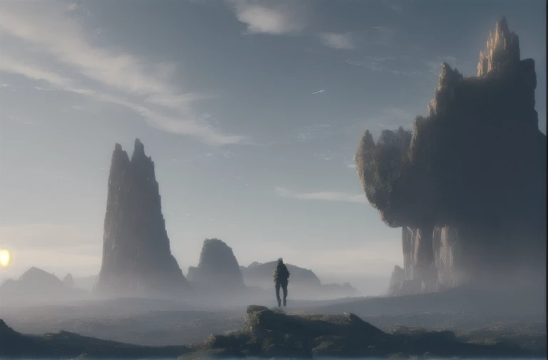 Illustration of a hyperrealistic , otherworldly, ultrasky scene featuring a walking rock giant alone wondering around the collosal pillars,very detailed and foggy lighting, intricate mountains, giant dusty pillars around, solarpunk ,landscape, giant pillars, foggy abyssal with atmospheric lighting and realistic proportions, as if it were a cinematic background, 8k, highest quality, masterpiece, gray clouds and barely visible sun in the sky., collosal giant buffalo walking in the background having a castle on it's back
