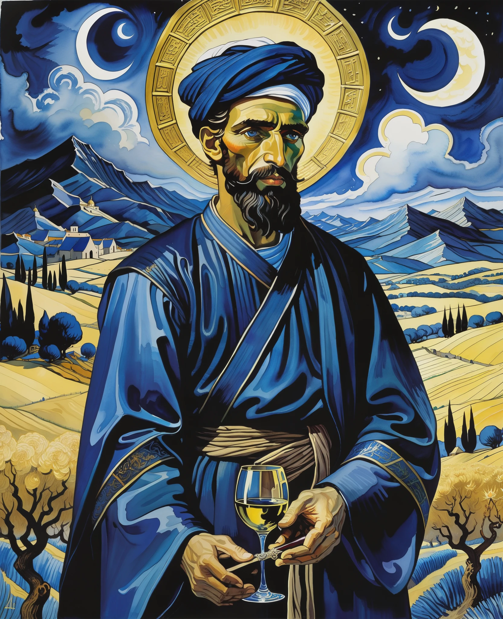 A very dark blue fantasy landscape, Van Gogh style, Watercolor, Trending on ArtStation, Intense focus, studio photo, Complex details, Very detailed, Written by Greg Rutkowski. In a time of ignorance, Omar was the cruelest character and really hated Muslims, He even took the time to torture his own slaves and the slaves of his friends who had converted to Islam, He was also a lover of wine before the advent of Islam.