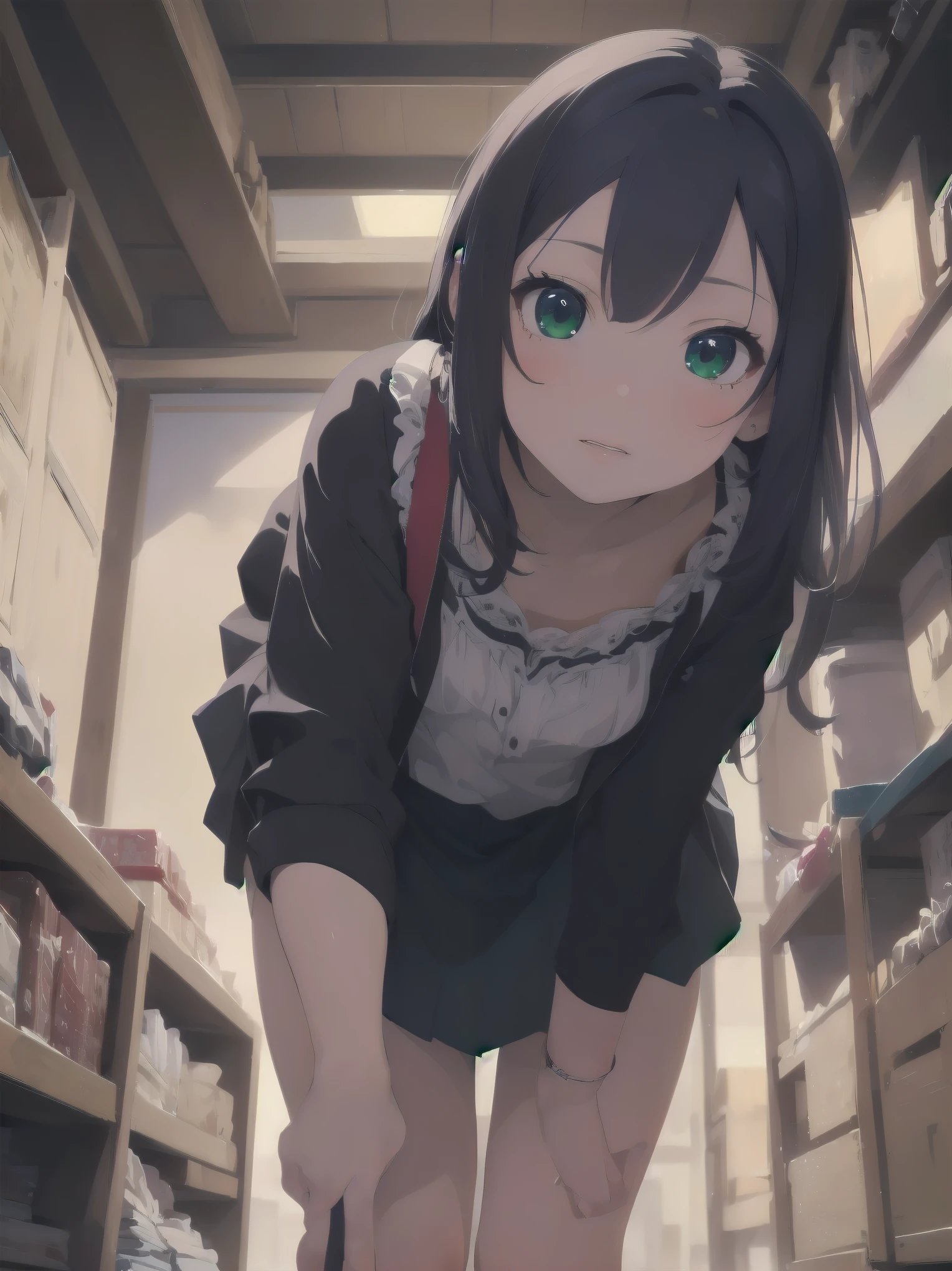 (High resolution:1.4), (masutepiece:1.2), (High quality:1.3) 1girl, saten ruiko, green eyes, long hair, black hair, small breast, blush, dangerousbeast, wolf tail, (blush, shy:1.2), from above, in street,, cinematic lighting,  