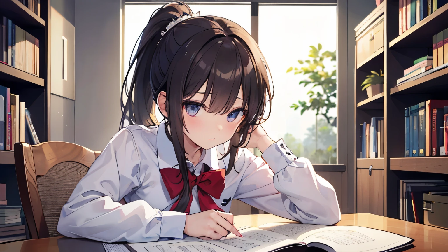 (((Best quality, 8k, Masterpiece: 1.3)), Sharp focus, Slim abdomen, (White shirt), ((ponytail)), Highly detailed face and skin texture, Detailed eyes, Double eyelid, Japanese high school girl, brown hair, sleepy face, (While studying at the library), (high school uniform), cowboy shot