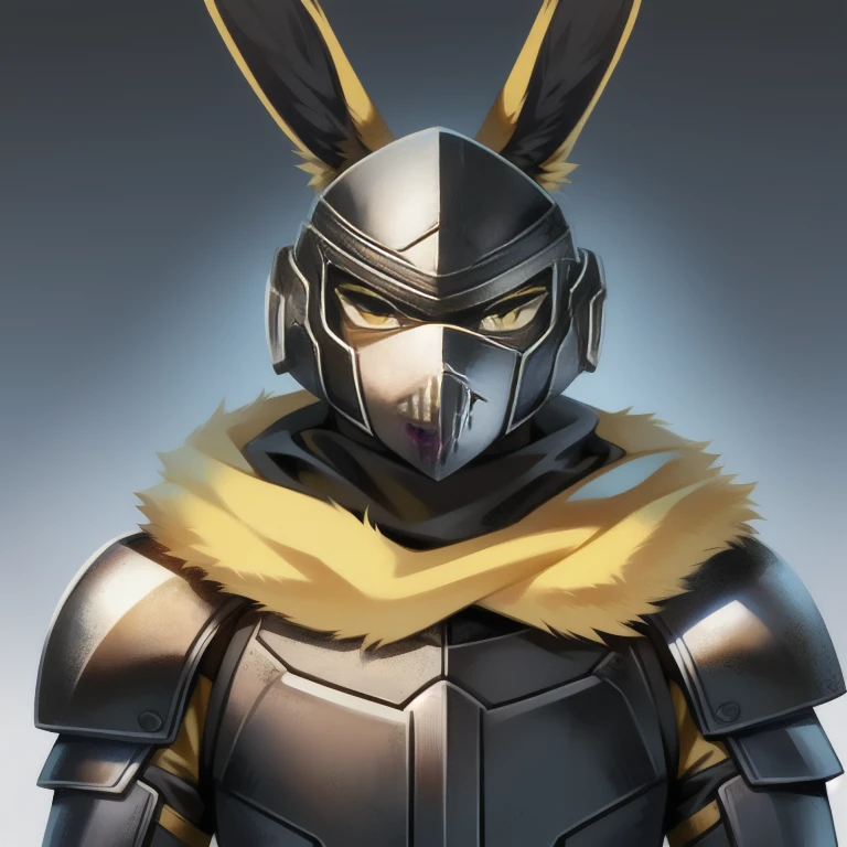 solo, male, rabbit, yellow colored fur, lean body, anthropomorphic rabbit, metal armor around neck that covers mouth, black armor, sci-fi black armor, white chalk sharp smile drawn on face mask,