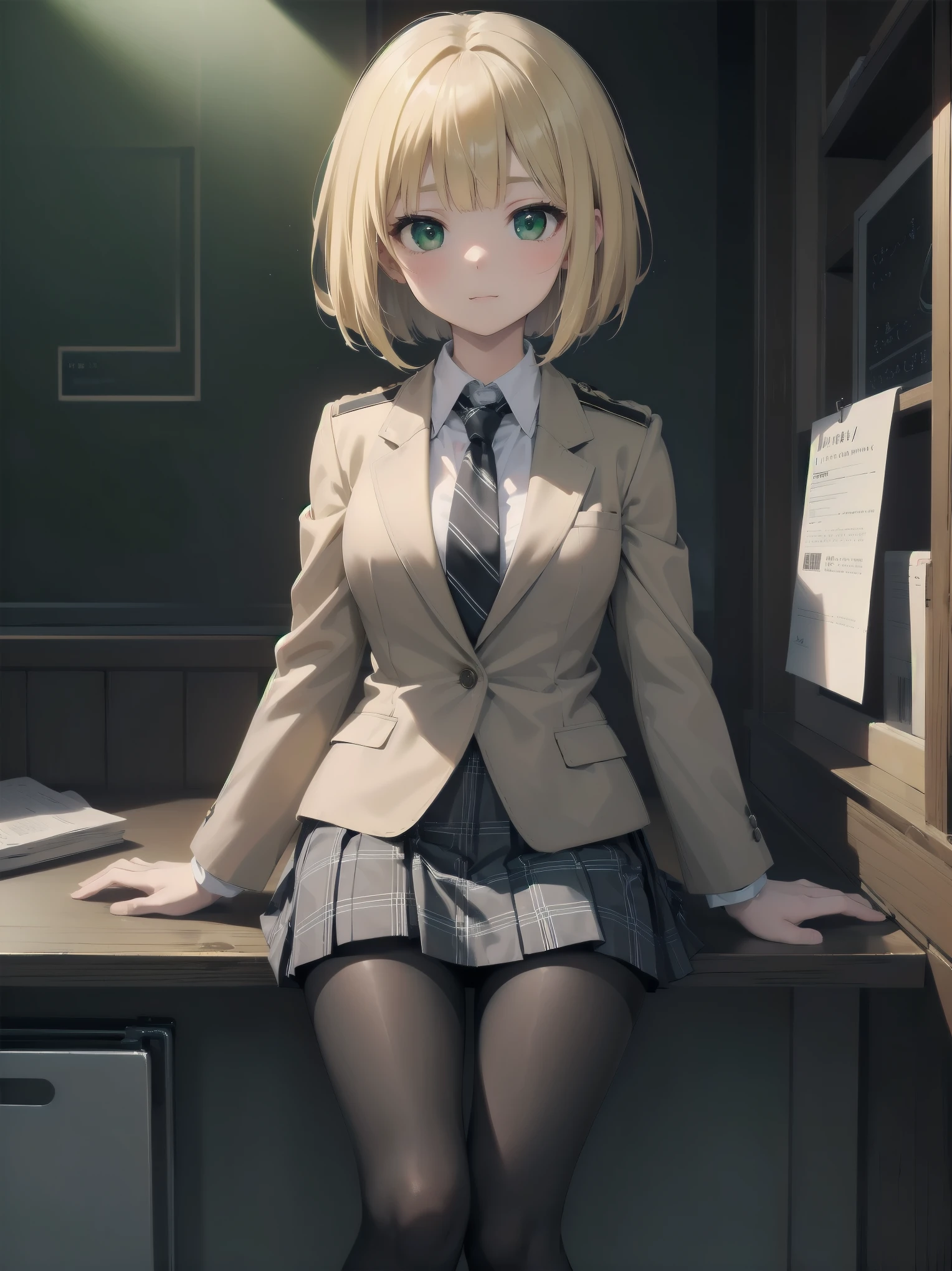 Top-High quality、Highest image quality、masterpiece、high contrast、Elegant、erotic expression、high school girl、blonde、Bob cut braids、uniform、(brown blazer)、ribbon tie、(Green and gray plaid skirt)、(black tights)、cinematic lighting、fine shading、cute、Truly unbelievably cute absurd、outside、outside苑