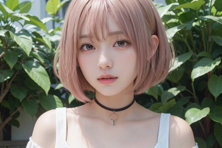(bob cut hair, pink hair:1.2),(wearing a choker, wearing a blouse:1.2),1 girl,Japanese,21 years old,(small breasts:1.3),(highest quality,masterpiece:1.3,超A high resolution,),(Super detailed,caustics),(Photoreal:1.4,RAW shooting,)ultra-realistic capture,very detailed,High resolution 16K human skin close-up。 natural skin texture、,The pores are、、、、Must be detailed enough to be easily identified。 Skin should look even-toned and healthy。 Use natural light and color, sad expression, look at the camera, perfect dynamic composition, outdoor