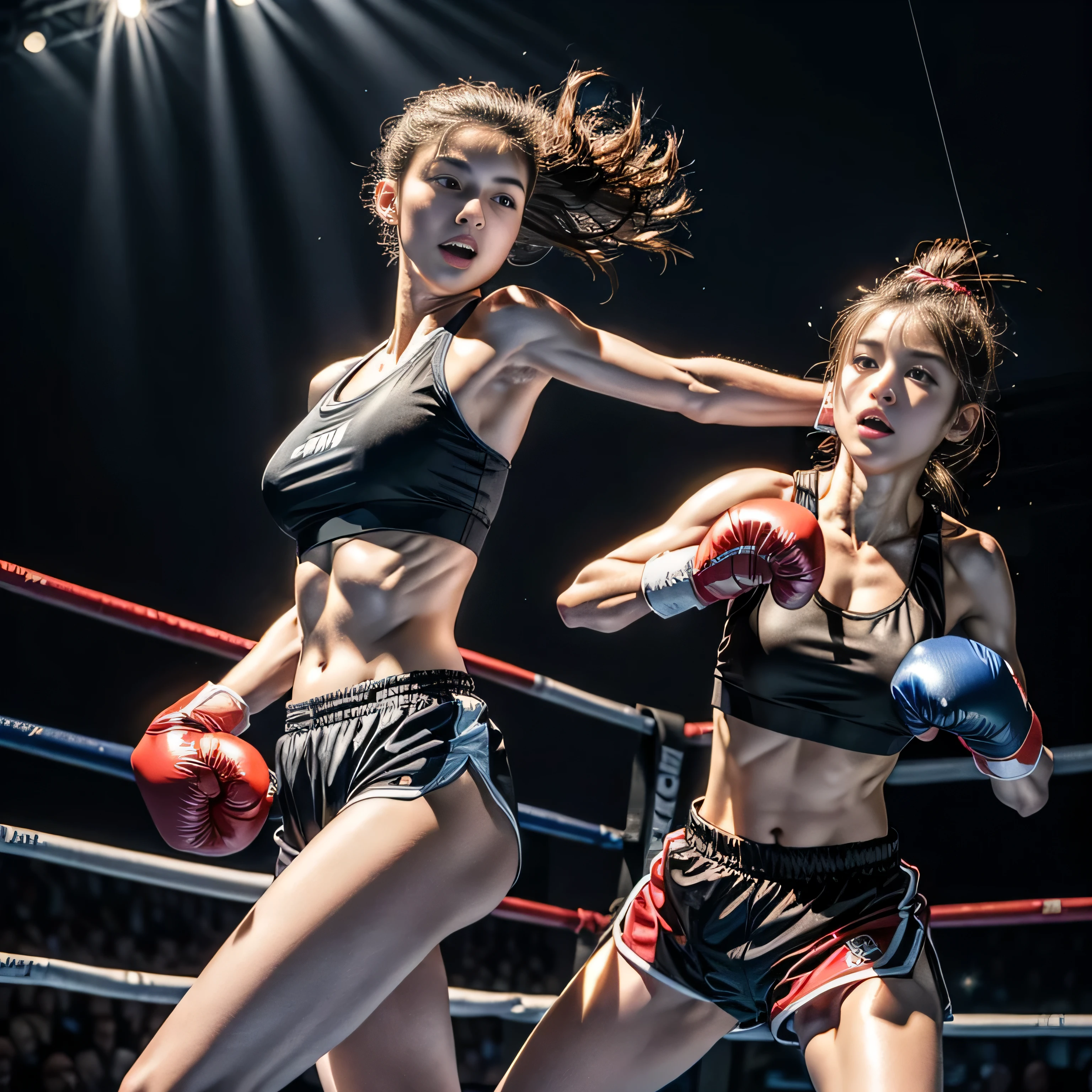 RAW image quality, 8K resolution, Ultra-detailed CG quality, (High resolution, highest quality, table top:1.4), 2 girls, (16 year old female :1.3), sparkling skin, narrow waist, Large chest teeth above the skin, (A woman wearing a sports bra and boxing shorts:1.3), boxing gloves, boxing match, (A powerful punch cuts the face)、fist fight、short shorts, sweat a lot, (in the boxing ring:1.2), (Her panties are visible under her shorts:1.2),  tight clothes, pubic hair, angry look, blush, Large audience background,