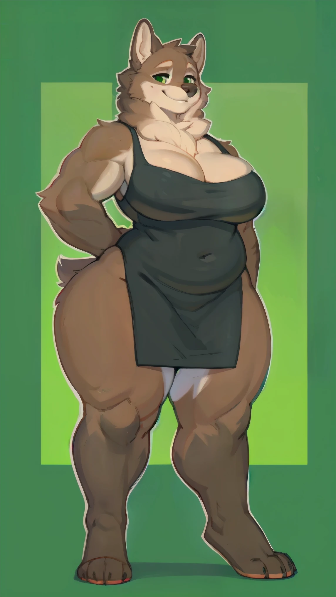 By chelodoy, by zaush, by bebebebebe, by spuydjeks, by meesh, by bigcozyorca, solo, chubby, muscular, timberwolf, female, brown furry body, wide hips, thick thighs, green eyes, milf, fluffy, capris Masterpiece, best quality, absurd res, highly detailed, cleanly drawn eyes, anthro only, motherly smile. Small black dress good hands