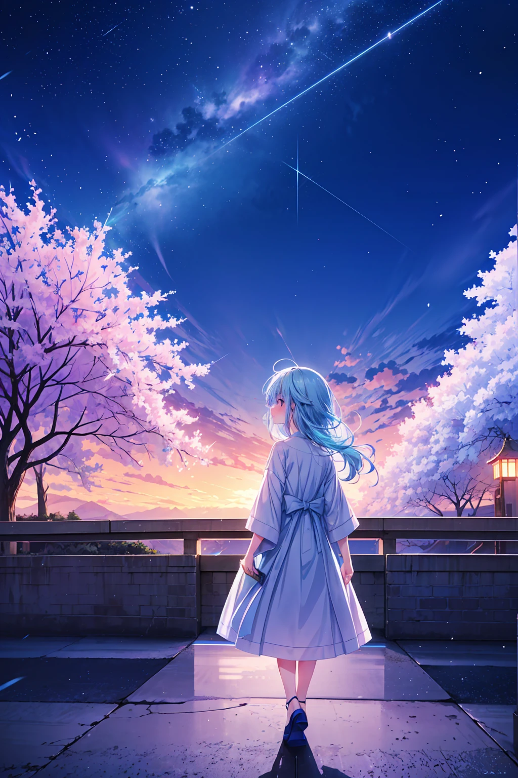 Masterpiece, best quality, extremely detailed, (illustration, official art: 1.1), 1 girl, ((light blue hair))), long hair, 10 years old,  ((blush)), cute face, big eyes, masterpiece, best quality, ((a very delicate and beautiful girl)))), amazing, beautiful detailed eyes, blunt bangs (((little delicate girl)))), tareme (true beautiful: 1.2),(((look away))), small breasts,single girl, Anime scene of a woman standing on a balcony and looking at the city, anime movie, cherry blossom in full bloom, Gentle light, Night view,anime girllooking at the stars in the sky，Makoto Shinkai Cyril Rolando，your name movie style，Your name，Cosmos Sky。Written by Makoto Shinkai， Anime wallpapers 4 k， anime wallpaper 4k， Anime art wallpaper 8 K， Anime art wallpaper 4 K， anime art wallpaper 4k， Shinkai sincerely！， 4k anime wallpaper， panoramic centered view of girl, , Melancholic girl holding a love letter，、cinematic Film still from、