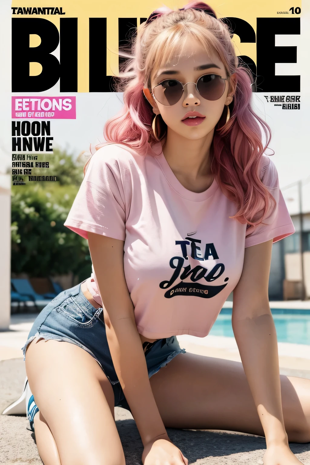 A  girl, wearing headphones, no one else in the background, delicate features, big eyes, wearing sunglasses, tall nose bridge, sexy lips, cute earrings, sexy body, 9 heads, golden ratio, bangs, slightly curly wavy hair, light pink hair, tall chest, pink printed T-shirt, denim hot pants, canvas shoes, vintage style, 90s style, nostalgia style, comic book style, magazine covers 