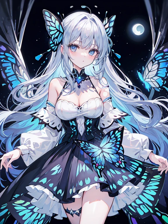 （（（Silver with blue hair）））（（（medium hair）））,Upper body,Black shoulder-baring dress,Moon Necklace,(((The skirt has a butterfly and moon pattern.))),（（（moon hair ornament）））,Black pumps with butterflies on the back,Butterflies are flying around