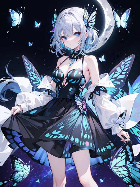 (((Silver with blue hair)))(((medium hair))),Upper body,Black shoulder-baring dress,Moon Necklace,(((The skirt has a butterfly and moon pattern.))),(((moon hair ornament))),Black pumps with butterflies on the back,Butterflies are flying around