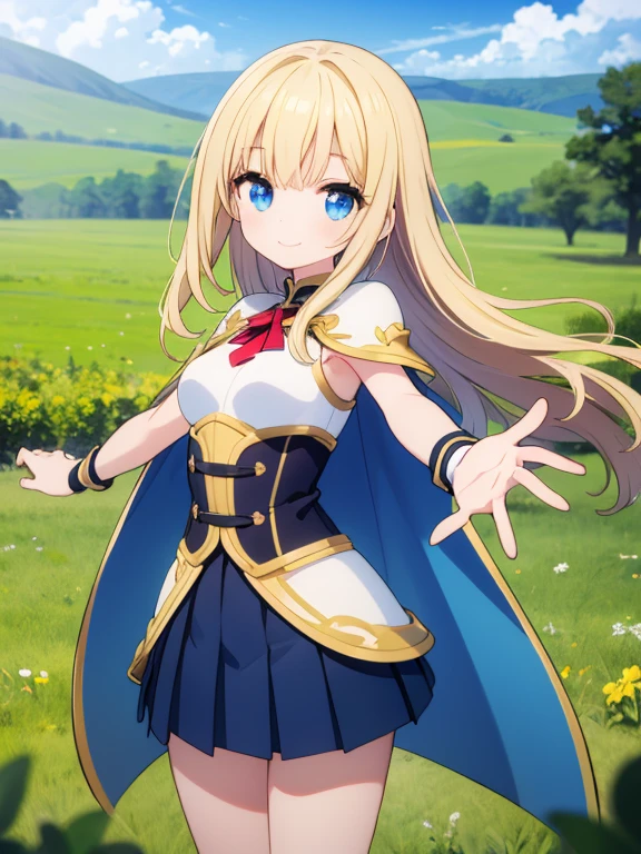 masterpiece, best quality, high resolution, (waist-cape armor pleated skirt), bangs, long hair, blue eyes, drooping eyes, big eyes, high school student, reaching out, smile, grassland, lens flare