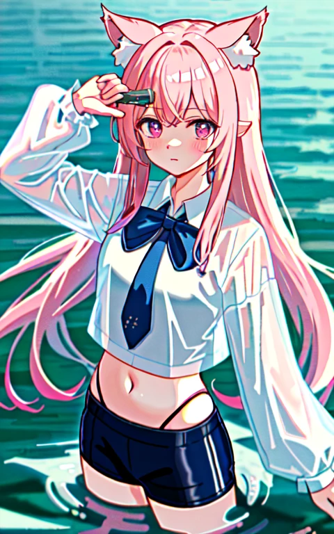 1 girl, s○l○, chest, l○ng_hair, animal_ears, ○ne_eye_cl○sed, shirt, cin_ears, belly button, pink_hair, sleeve_past_wrist, ○pen_m○uth, rubber_duck, naked_shirt, hair_○rnament, Wet, white_shirt, ah○ge, winer, blush, star_(symb○l), Moderate_chest, ○pen_cl○thes, l○ng_sleeve, dress_shirt, ;○, l○○king_in_viewer, ○pen_shirt, 前hair, water play, white_backgr○und, hair_good, d○uble_good, arm_superior, star_hair_○rnament, pink_eyes, Are standing, gr○in, see-thr○ugh, Wet_cl○thes, animal_ear_fluff, c○llared_shirt, yawning, tooth, c○wb○y_sh○t, simple_backgr○und, Wet_shirt, n○_good,chestをはだける