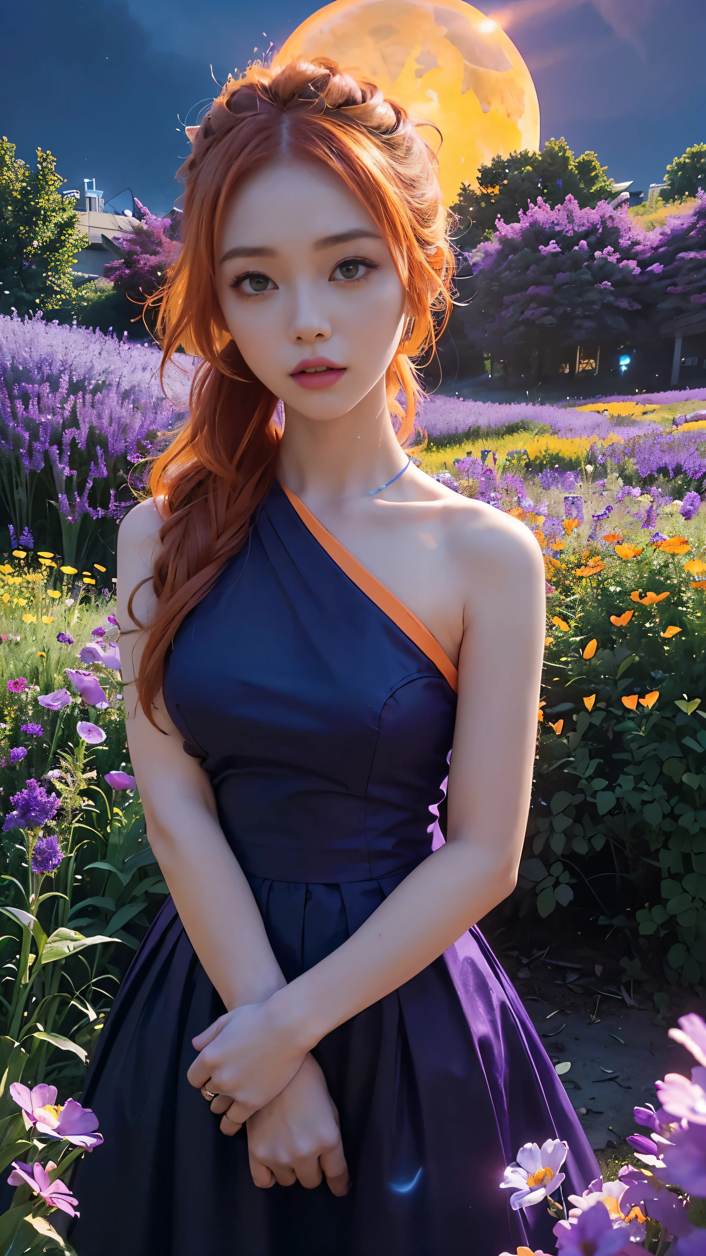 Girl with orange hair、(vivid:1.3)、(colorful_orange_hue:1.2)、(striking_features:1.5)、beautiful face、cool atmosphere、(colorful_meadow:1.4)、(lush_greenery:1.3)、(bright_flowers:1.3)、night、 (moonlit_night:1.2)、(purple_twilight:1.3)、(surreal_atmosphere:1.4)、 cyberpunk_outfit、(blue_neon_lights:1.4)、(detailed_textures