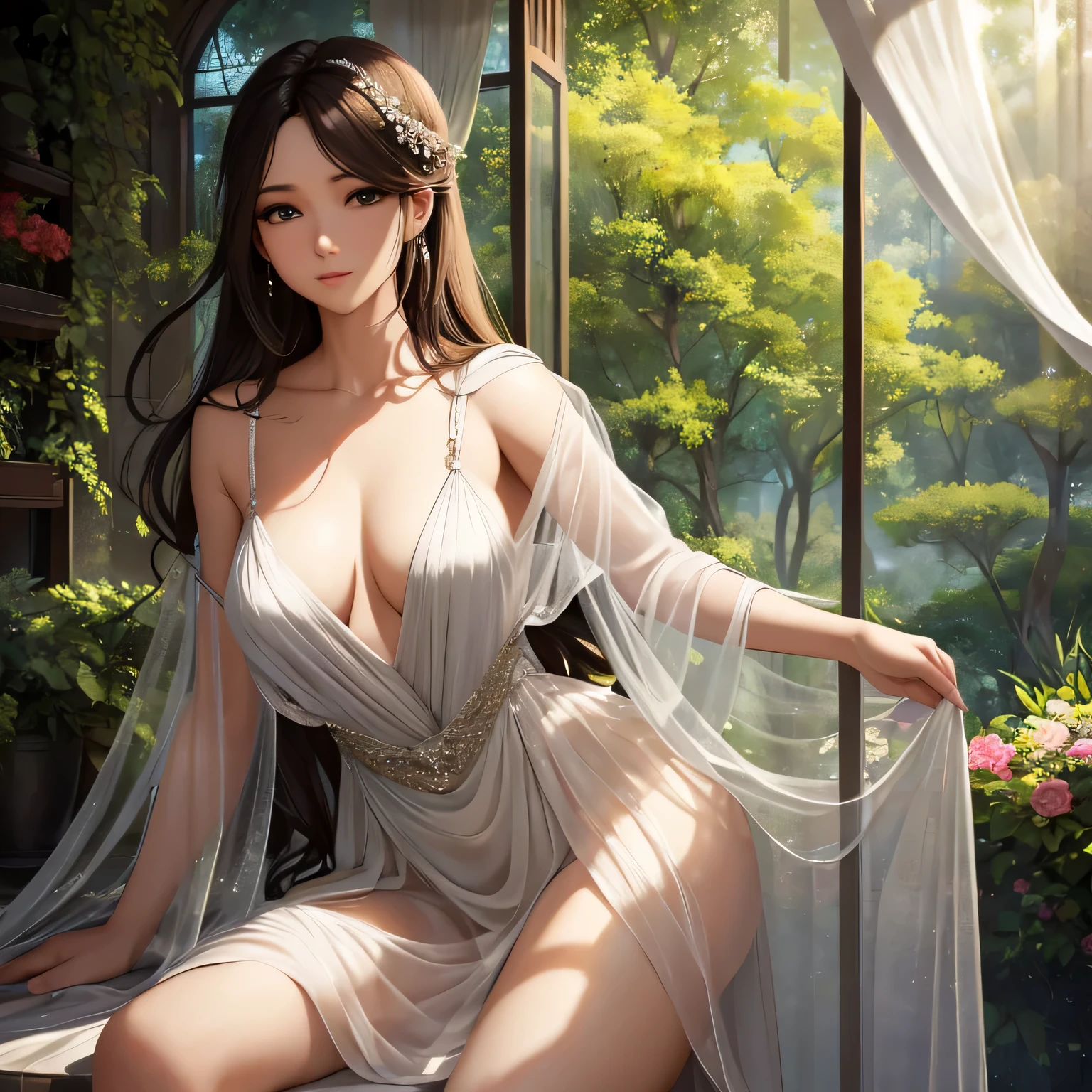 (best quality, ultra-detailed, realistic:1.37), stunning woman in a long sheer skirt, sensually posing in a gr3ysh33r setting. flowing skirt capturing the ethereal movement, sunlight softly illuminating her graceful figure, delicate details highlighting her beauty, elegant silhouette mesmerizing the viewer. the sheer fabric gently draping over her body, accentuating her curves, capturing her femininity. the delicate play of shadows creating depth and dimension, enhancing the overall allure. the soft color palette seamlessly blending with the environment, evoking a sense of tranquility and serenity. meticulously captured pores, hair strands, and textures adding depth and realism to the image. the scene exuding sensuality, inviting the viewer to admire the sheer beauty and elegance of the woman in this captivating gr3ysh33r setting.