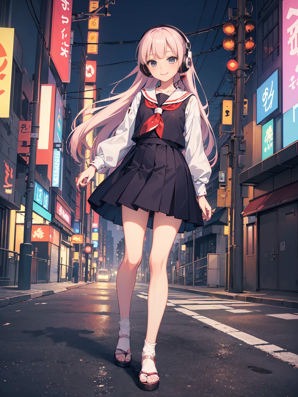 (masterpiece), (highest quality:1.4), (ultra high resolution:1.2),  super detailed background, (unity 8k wallpaper),Shibuya Ward、city pop、(headphones:1.5)、masterpiece, (anime girl alone:1.3), incredibly absurd, sailor suit,pedestrian crossing, outdoor, rain, Tokyo, neon light.high school girl、profile、full body shot、slender、tall、7 head and body、small face、smile