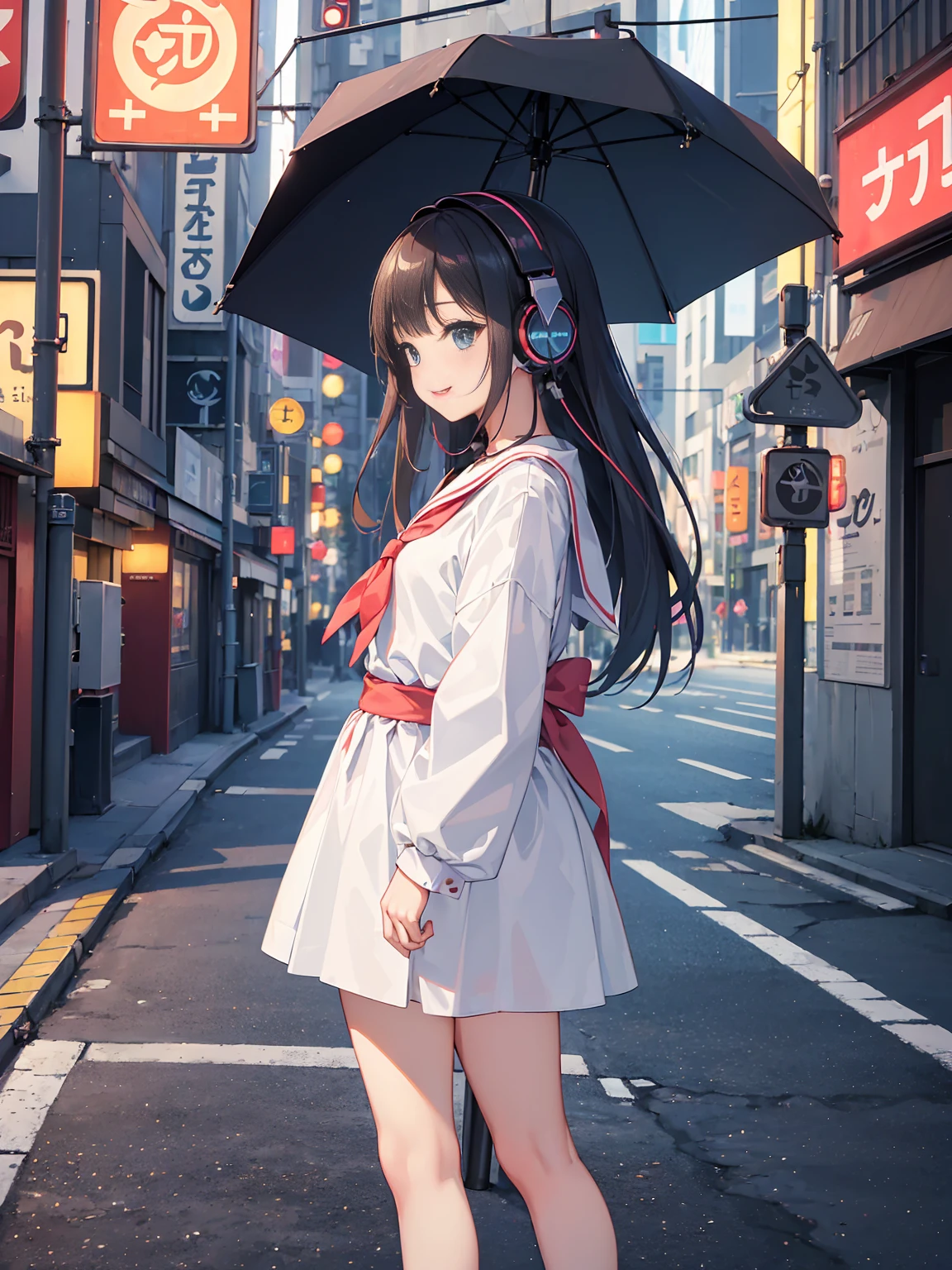 (masterpiece), (highest quality:1.4), (ultra high resolution:1.2),  super detailed background, (unity 8k wallpaper),Shibuya Ward、city pop、(headphones:1.5)、masterpiece, (anime girl alone:1.3), incredibly absurd, sailor suit,pedestrian crossing, outdoor, rain, Tokyo, neon light.high school girl、profile、full body shot、slender、tall、7 head and body、small face、smile