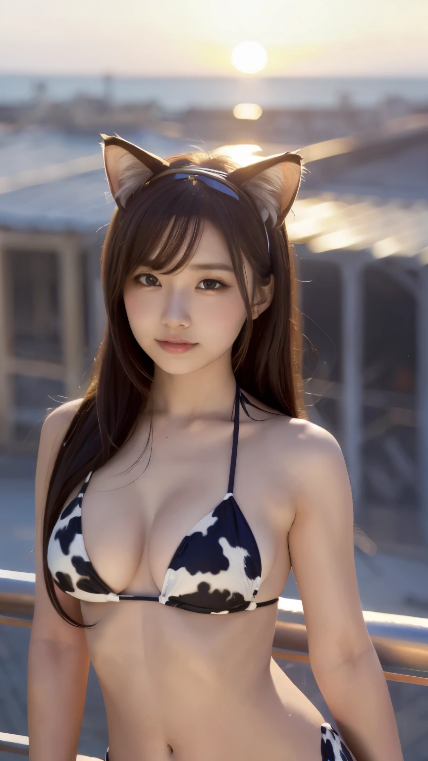 masterpiece, 4k, Bokeh, beautiful face, (multiple girls:1.4), Harem, group photo, (Cat ear:1.3), pink soft hair , looking at the viewer, (cow print bikini:1.2), Sunset Coast, close