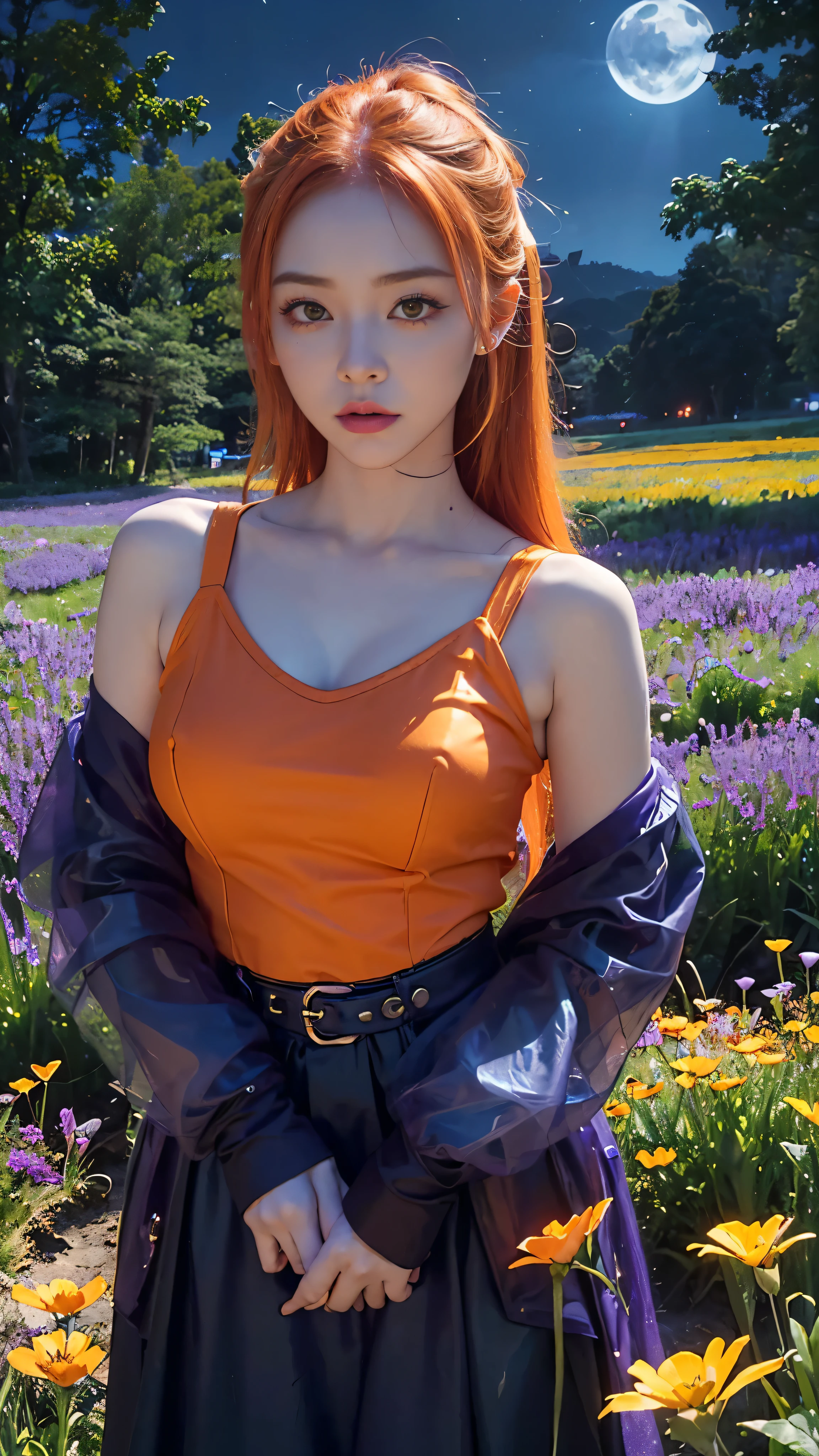 Girl with orange hair、(vivid:1.3)、(colorful_orange_hue:1.2)、(striking_features:1.5)、beautiful face、cool atmosphere、(colorful_meadow:1.4)、(lush_greenery:1.3)、(bright_flowers:1.3)、night、 (moonlit_night:1.2)、(purple_twilight:1.3)、(surreal_atmosphere:1.4)、 cyberpunk_outfit、(blue_neon_lights:1.4)、(detailed_textures