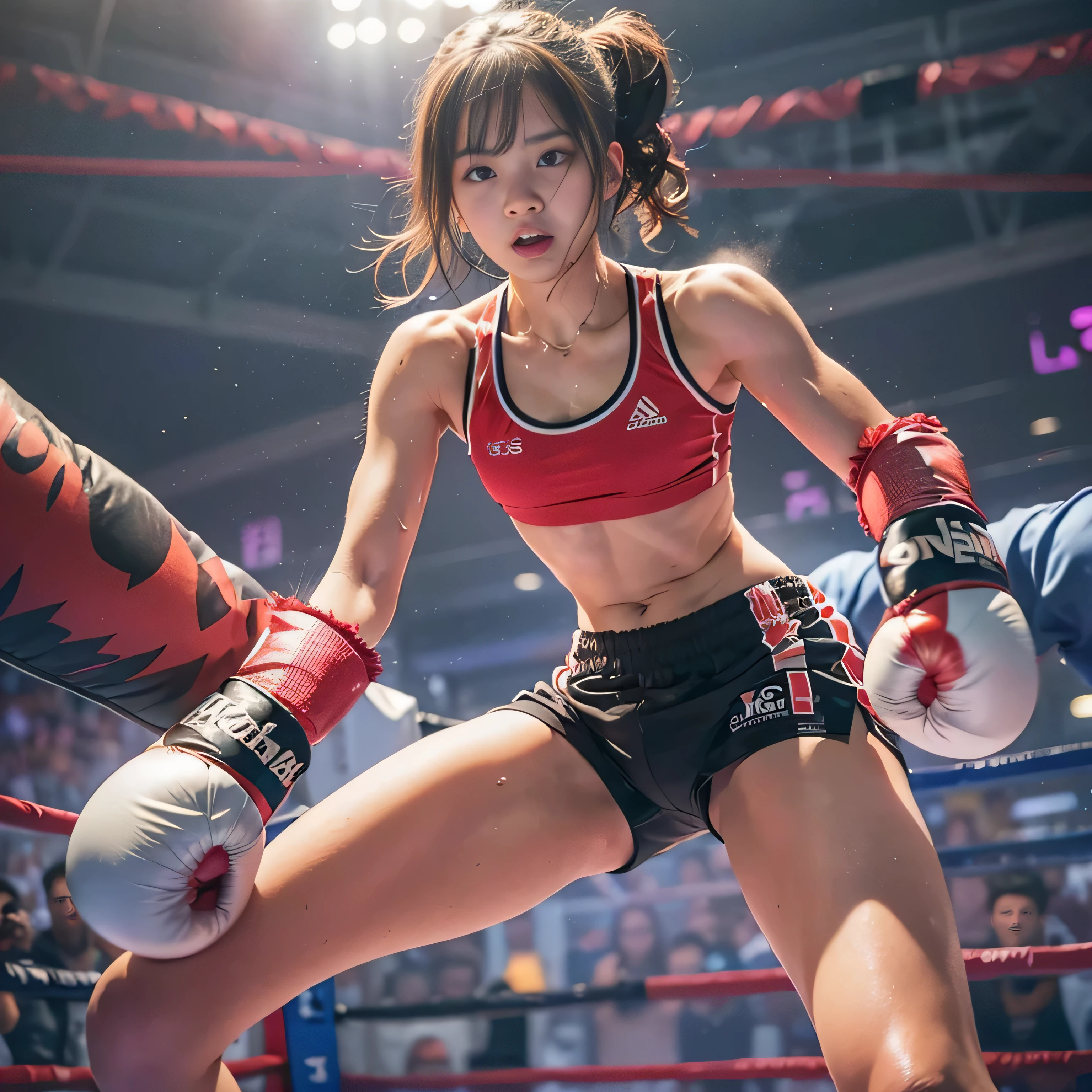 RAW image quality, 8K resolution, Ultra-detailed CG quality, (High resolution, highest quality, table top:1.4), 2 girls, (16 year old female :1.3), sparkling skin, narrow waist, Large chest teeth above the skin, (A woman wearing a sports bra and boxing shorts:1.3), boxing gloves, boxing match, (A powerful punch cuts the face)、fist fight、short shorts, sweat a lot, (in the boxing ring:1.2), (Her panties are visible under her shorts:1.2), tight clothes, pubic hair, angry look, blush, Large audience background,