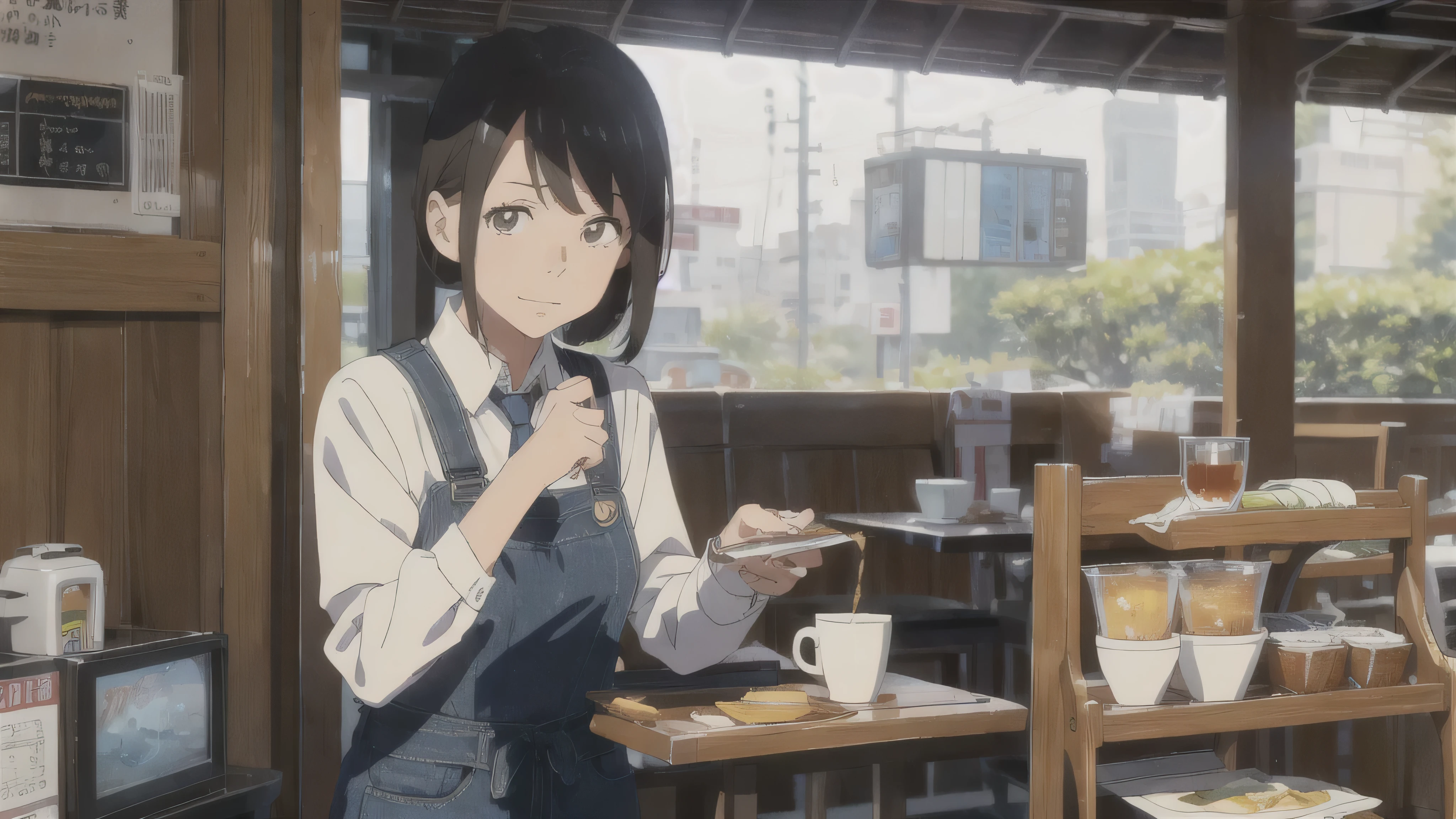 The Wind of Sincerity, anime, After the Rain, moving visual effects, Natural glare. Wearing a dress shirt and tie,denim, A 20-year-old with a kind face drinking coffee with 1 other person at a cafe, A pretty woman drinking coffee and listening to music happily, woman1people