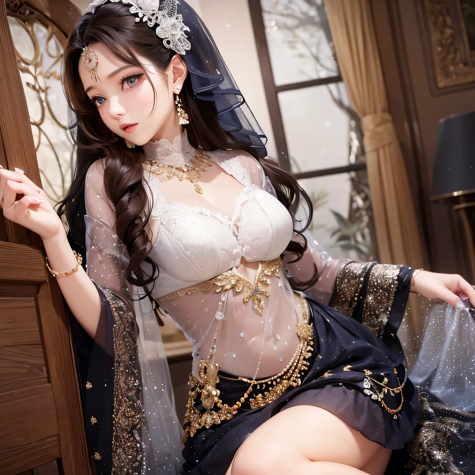 best quality,ultra-detailed,a woman in long sheer skirt,gr3ysh33r,very sensual posing,beautiful detailed eyes,beautiful detailed lips,long eyelashes,romantic lighting,soft colors,fine art style