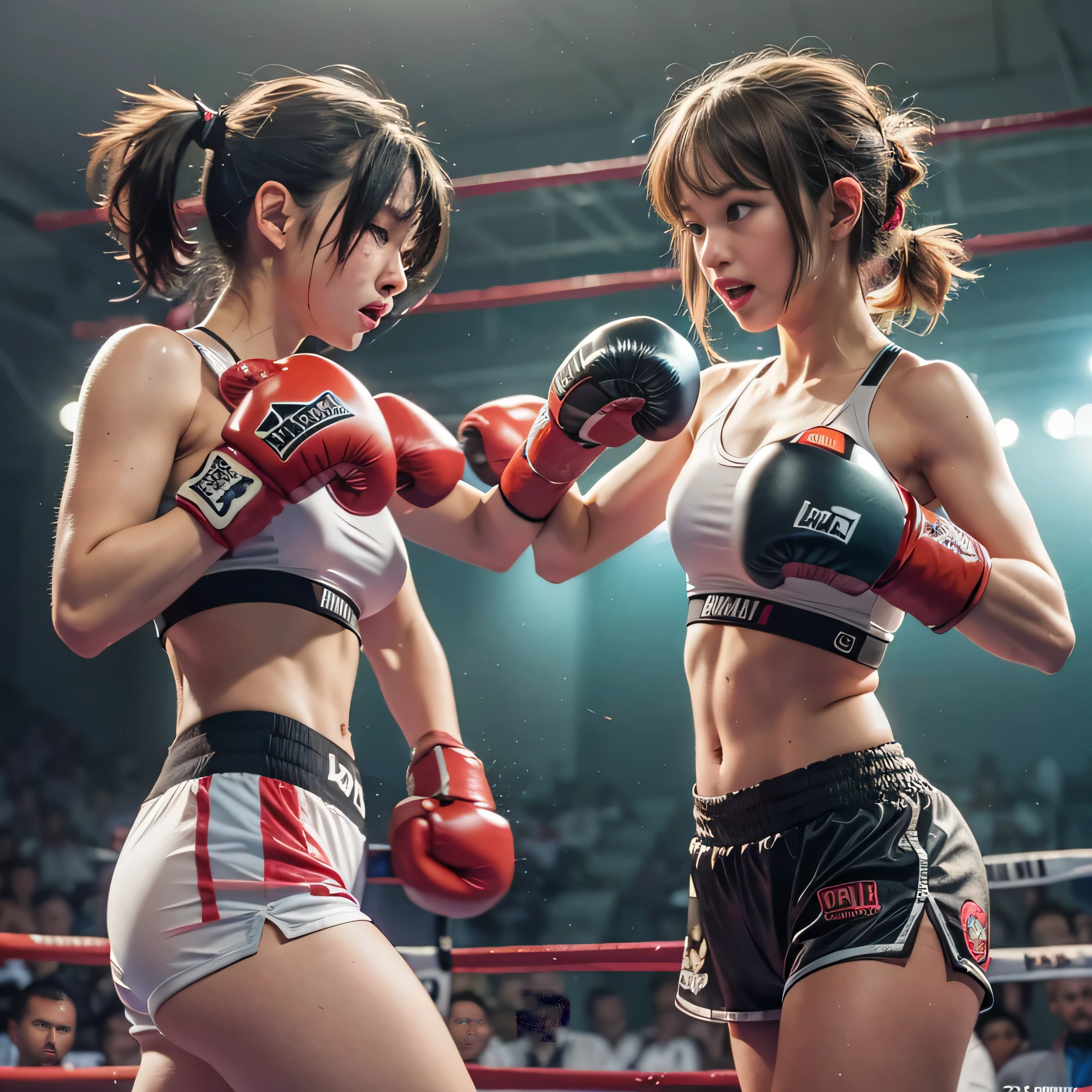 RAW image quality, 8K resolution, Ultra-detailed CG quality, (High resolution, highest quality, table top:1.4), 2 girls, (16 year old female :1.3), sparkling skin, narrow waist, Large chest teeth above the skin, (A woman wearing a sports bra and boxing shorts:1.3), boxing gloves, boxing match, (A powerful punch cuts the face)、fist fight、short shorts, sweat a lot, (in the boxing ring:1.2), (Her panties are visible under her shorts:1.2), tight clothes, pubic hair, angry look, blush, Large audience background,