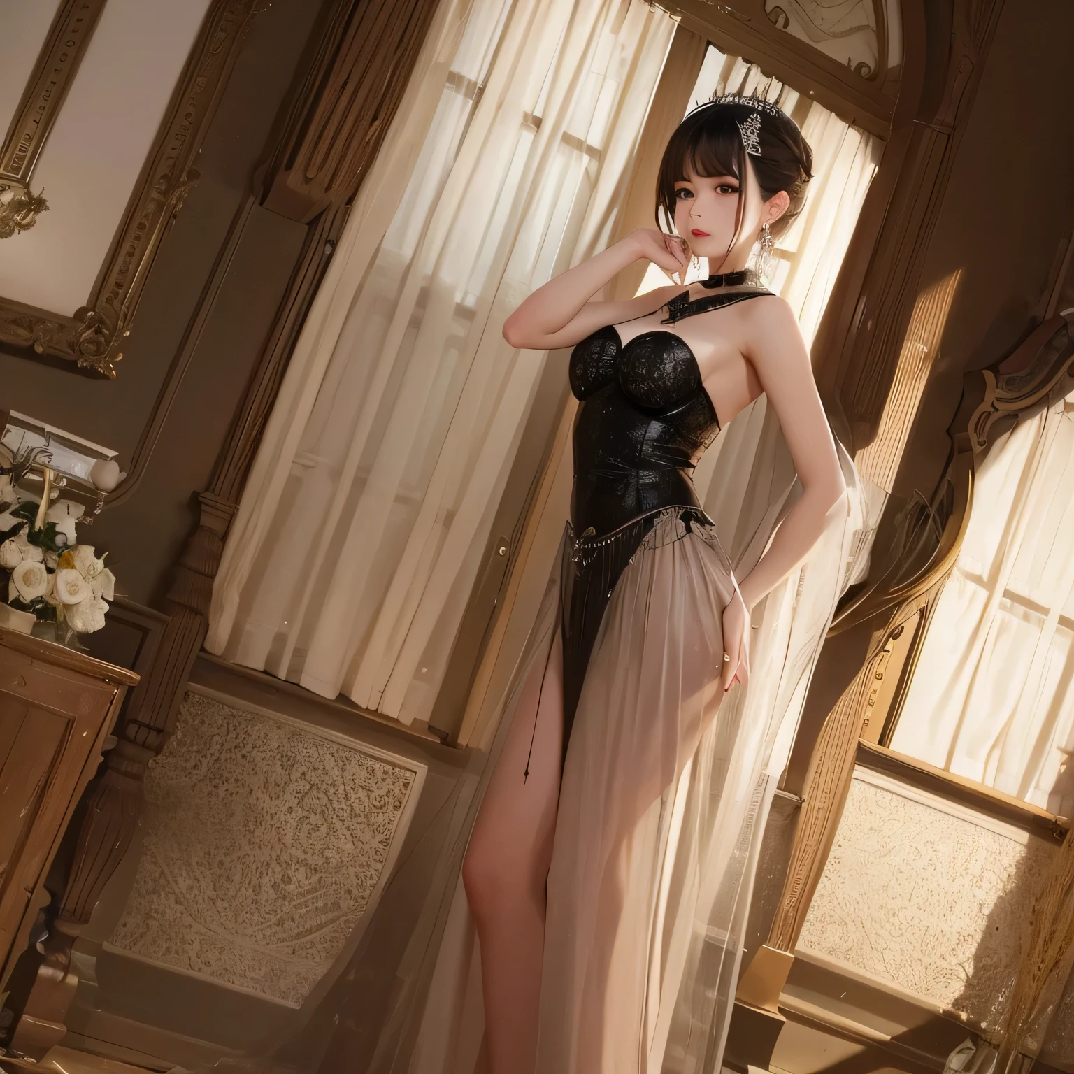 a woman in long sheer skirt, gr3ysh33r very sensual posing