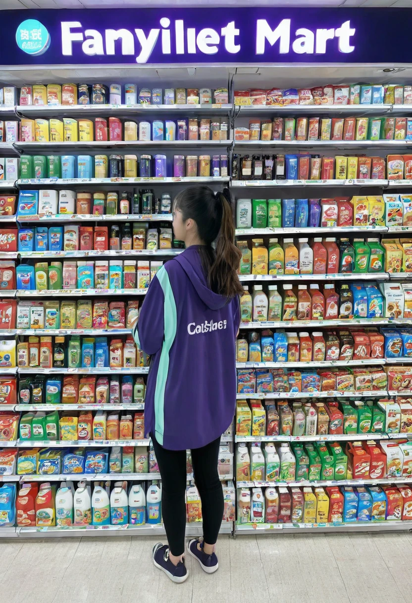 1girl, midnight convenience store, Family Mart, Neon Night page,vibrant city lights, dimly lit shelves full of snacks and drinks, a cashier with tired eyes, fluorescent lighting casting a soft glow, late-night customers browsing the aisles, flickering neon signs outside the store, a sense of mystery and solitude, a hazy atmosphere with a touch of nostalgia, cinematic and atmospheric, high-res details capturing the smallest nuances, a combination of realism and dream-like quality, urban aesthetic blending with a hint of surrealism, cool blue and purple tones, soft shadows and subtle highlights, an ambiance that evokes a sense of tranquility and possibility in the midst of the night.