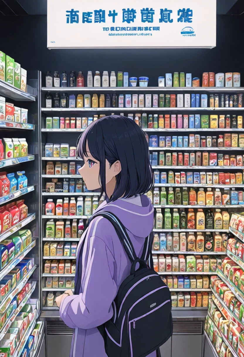 1girl, midnight convenience store, Family Mart, Neon Night page,vibrant city lights, dimly lit shelves full of snacks and drinks, a cashier with tired eyes, fluorescent lighting casting a soft glow, late-night customers browsing the aisles, flickering neon signs outside the store, a sense of mystery and solitude, a hazy atmosphere with a touch of nostalgia, cinematic and atmospheric, high-res details capturing the smallest nuances, a combination of realism and dream-like quality, urban aesthetic blending with a hint of surrealism, cool blue and purple tones, soft shadows and subtle highlights, an ambiance that evokes a sense of tranquility and possibility in the midst of the night.