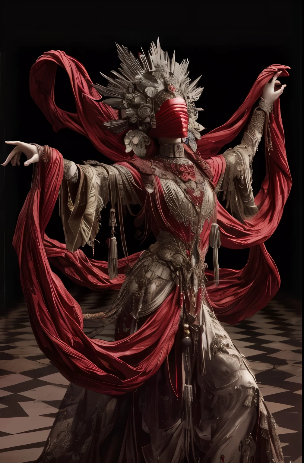 a close up of a woman in a red dress with a sword, intricate costume design, ornate mask and fabrics, art nouveau octane render, adrian borda, natalie shau, natalie shau tom bagshaw, grayscale phtoto with red dress, the queen of blades, spirits covered in drapery, alexander mcqueen haute couture, rococo cyberpunk