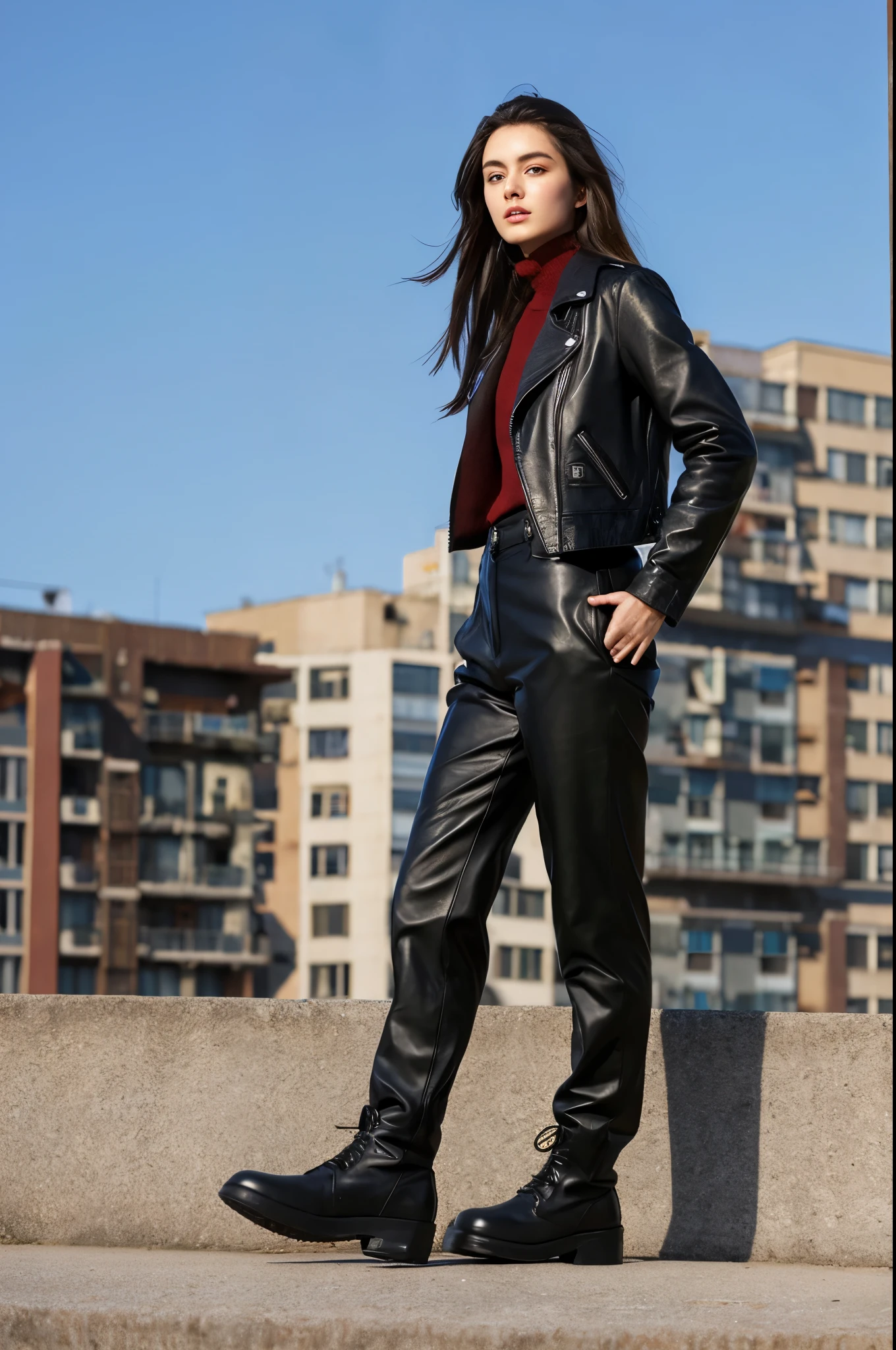 an asian beautiful girl, wearing a black leather jacket, army blue trousers, long hair, holding a long red laser rifle, standing on the top of a building stalking her enemy,inspired by Adam Dario Keel, maxim sukharev, attractive and beautiful, Inspired by Ludovit Fula, full body photo shot, maxim shirkov, full body photo shot - full , azimov, Sebastian Luca, profile photo, beautiful woman, attractive beautiful face, Photo of beautiful young girl, beautiful girl face