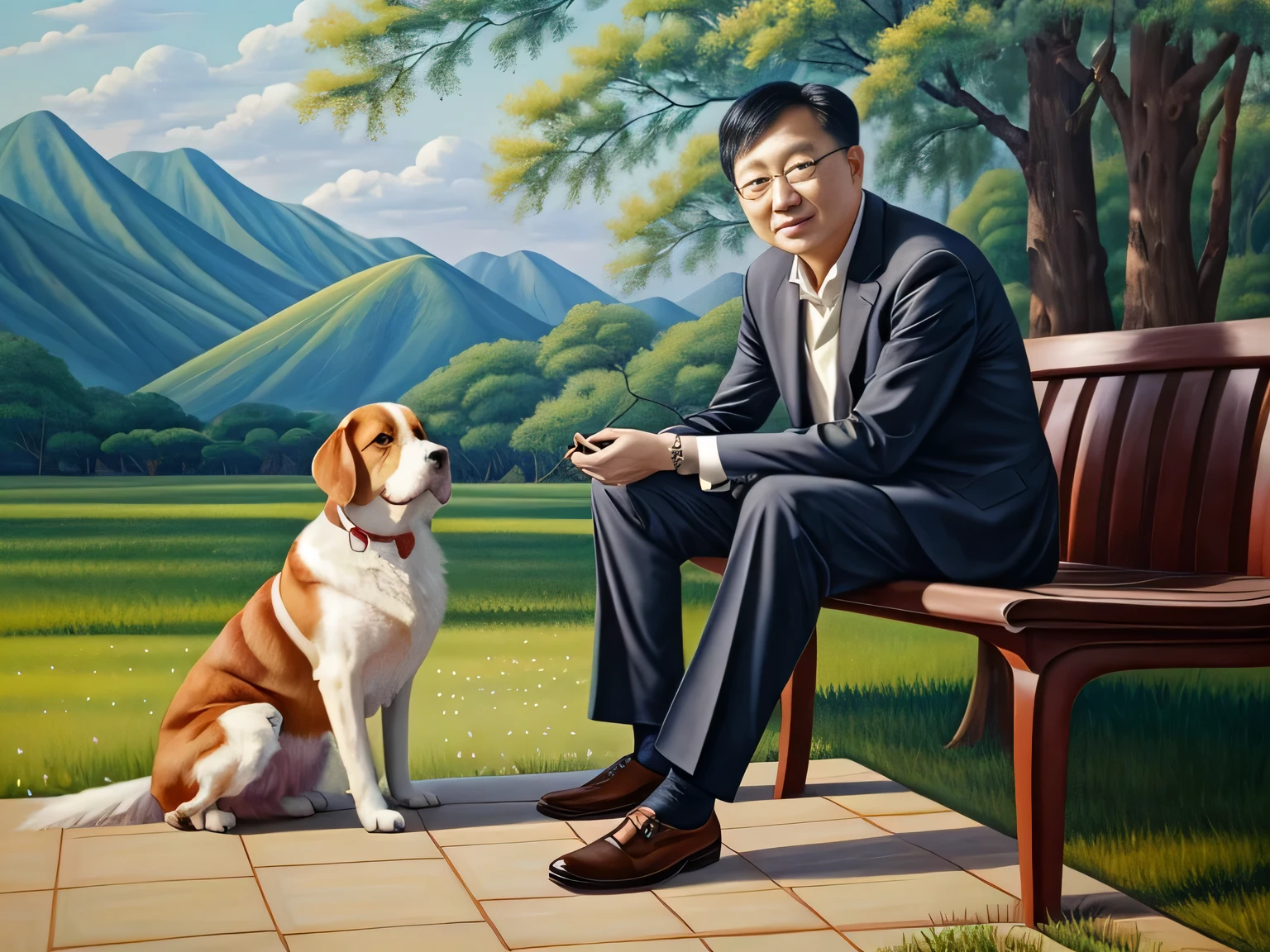 Painting of a man sitting on a bench with a dog, author:Lu Zhi, author:Sheikh, by Zou Zhe, Wang Wu, by Zheng Xie, by Liang Kai, author:Chen Zhou, by Ji Sheng, by Bian Jingzhao, by Wen Zhenheng, by Zhang Lu, by Wen Zhengming
