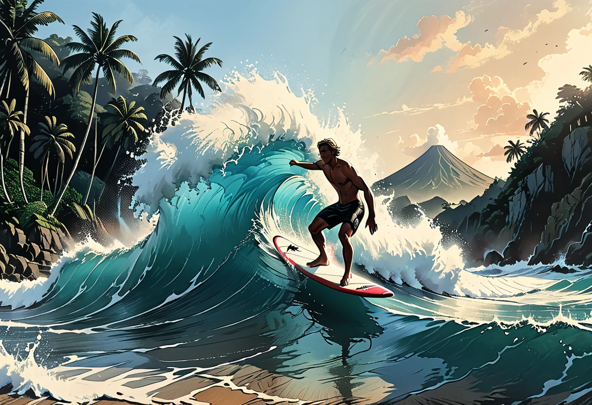 ocean and big waves where the outline of a surfer is slightly visible, the seething water catches up and throws him up, a dormant volcano and a tropical forest can be seen in the background, graphic style of novel comics, perfect hands, 2d, 
outline of a man on a surfboard conquers the wave,
8k, hyperrealism, masterpiece, high resolution, best quality, ultra-detailed, super realistic, Hyperrealistic art, high-quality, ultra high res, highest detailed, lot of details, Extremely high-resolution details, incredibly lifelike, colourful, soft cinematic light,