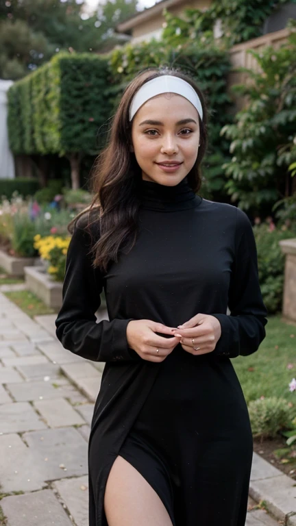 A young muslim woman is elegantly posing for a picture in a stunning black long dress. Her expression is joyful, and she has a charming smile on her face, long sleeves. The dress features a beautiful flower pattern, adding a touch of femininity to her look. The woman's figure is highlighted by the fitted silhouette of the dress, showcasing her slender frame. The background is simple, allowing the focus to remain on the woman and her stylish attire. This image exudes confidence and sophistication, making it a perfect addition to a fashion or lifestyle dataset. Garden full of flowers