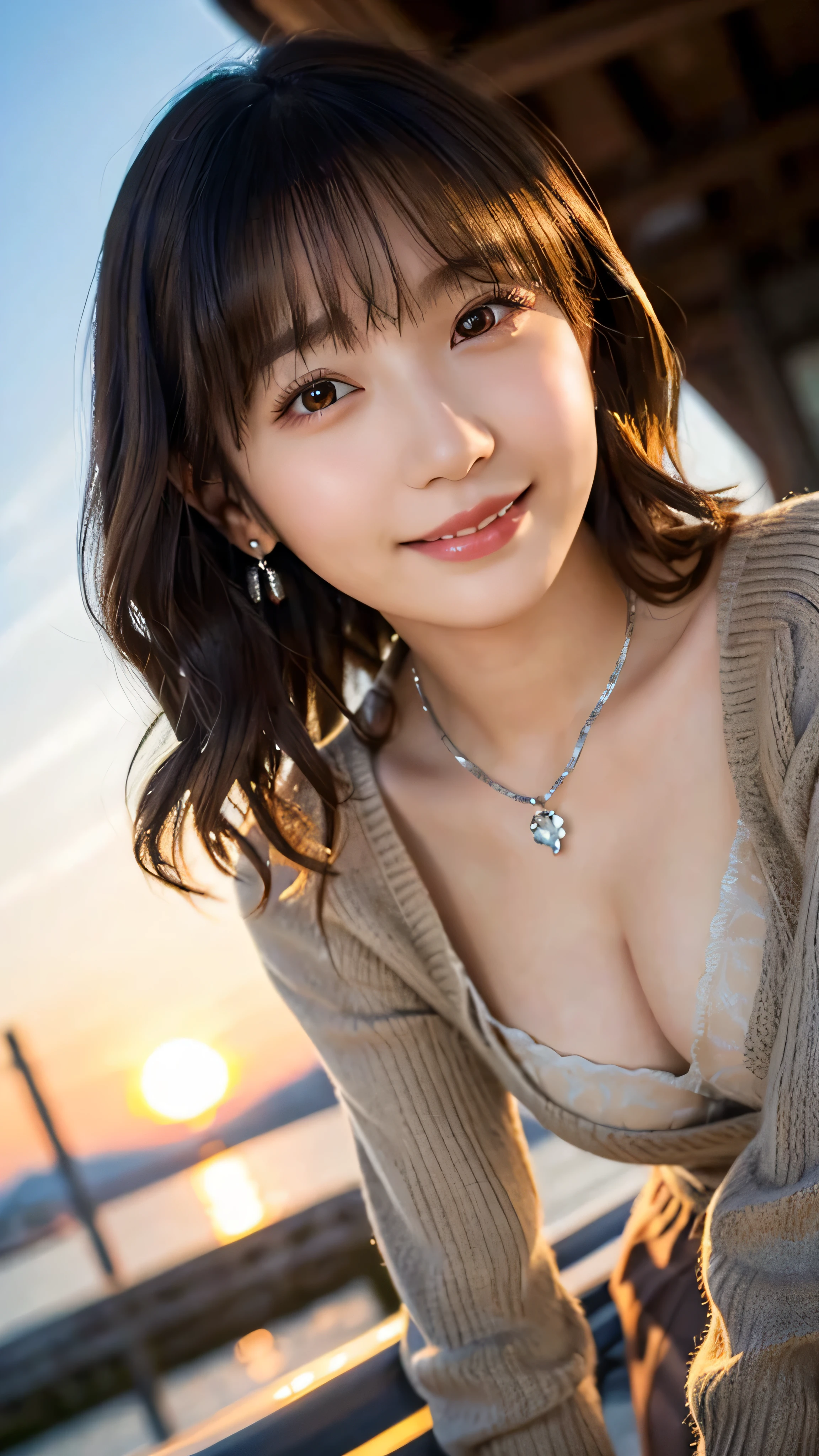 (highest quality,masterpiece:1.3,ultra high resolution),(Super detailed,caustics,8K),(realistic:1.4,RAW shooting),18-year-old,cute,Japanese,Short brown hair with outward curls,(Beige summer knitwear),(smile),look up at the camera、(Short brown skirt),blue sky,sun,Backlight,(coastline),(sunset、sunset:1.1),,(Photographed from the waist up),(face focus),(close up face),(High Situation:1.3),(high angle:1.3),Natural light 、Embarrassed smile、parted bangs、big breasts、With small earrings、silver necklace、((big breasts))、Embarrassed smile、