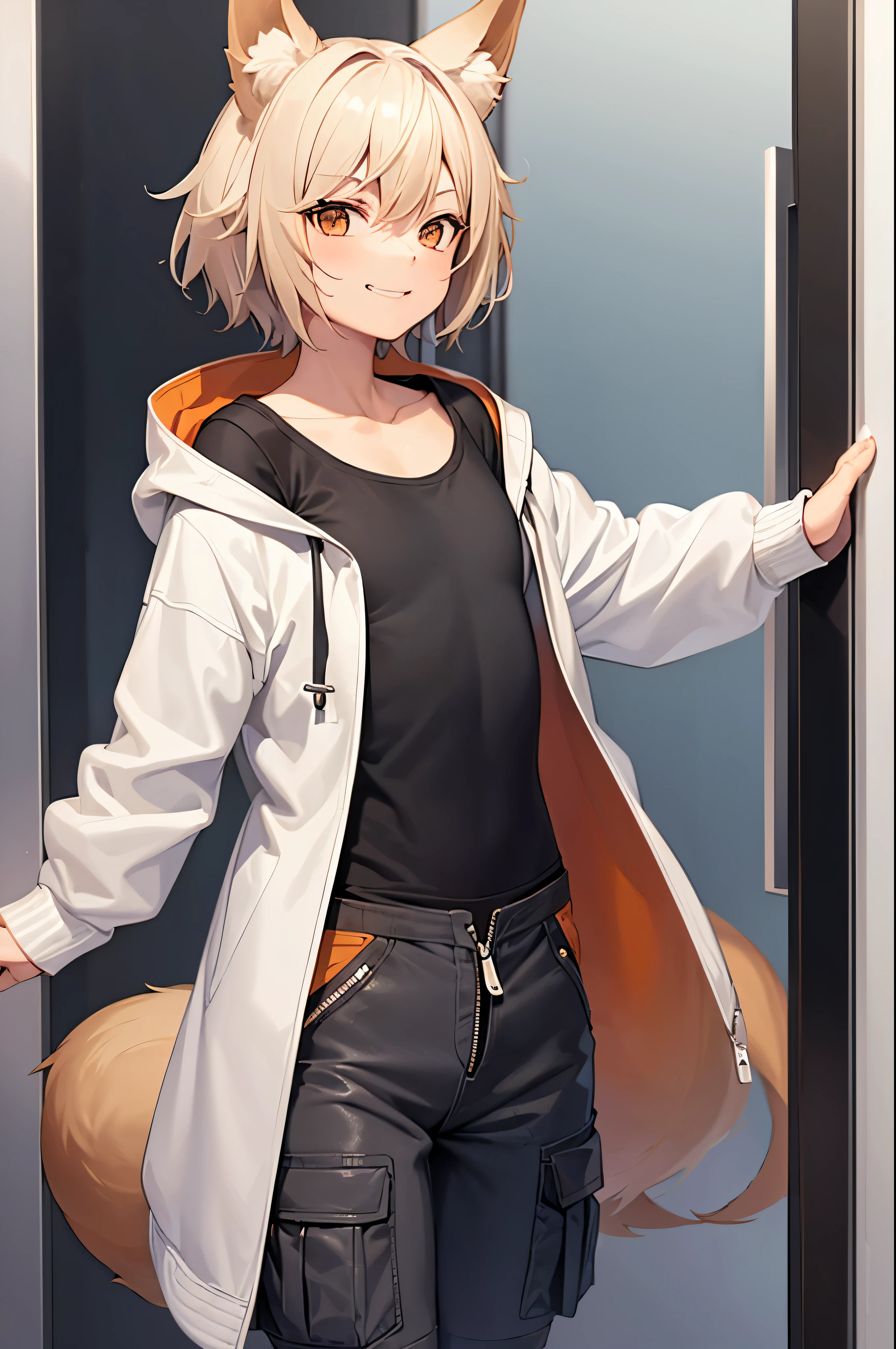 1girl, smug, light smile, elevator, short hair, tan hair, fox ears, fox tail, ((white unzipped jacket)), (grey t-shirt), cargo shorts, ((flat chest))